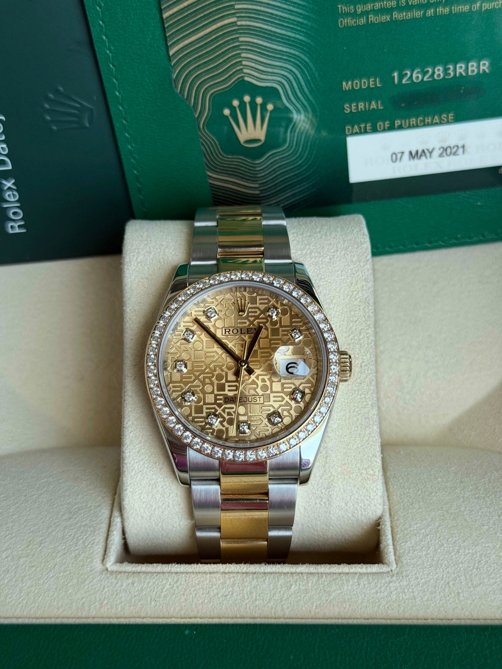 Rolex Datejust Champagne Jubilee Diamond Dial on Oyster 126283RBR Complete 2021