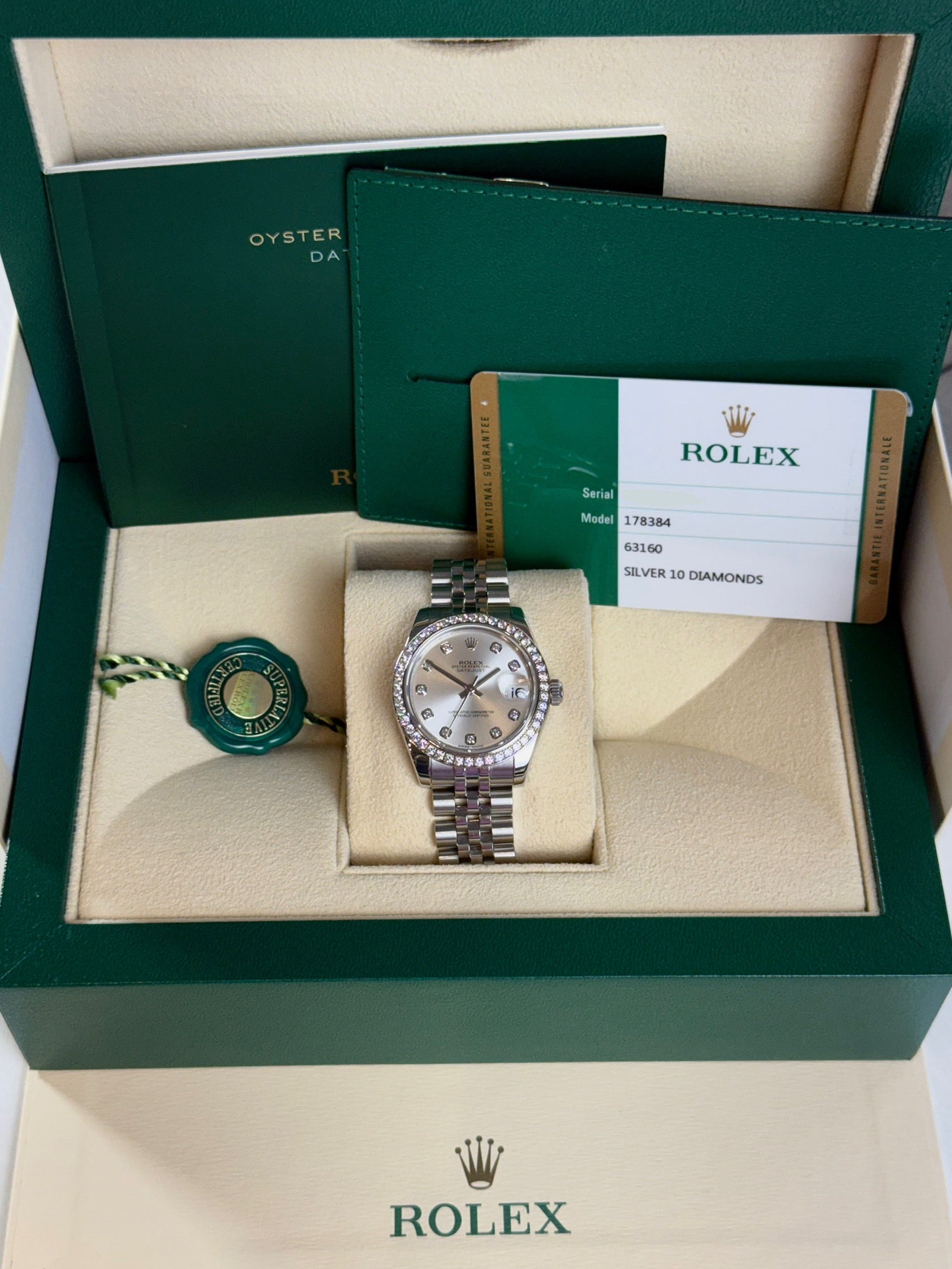Rolex Datejust Midsize Silver Diamond Dial on Jubilee 178384 Complete 2016