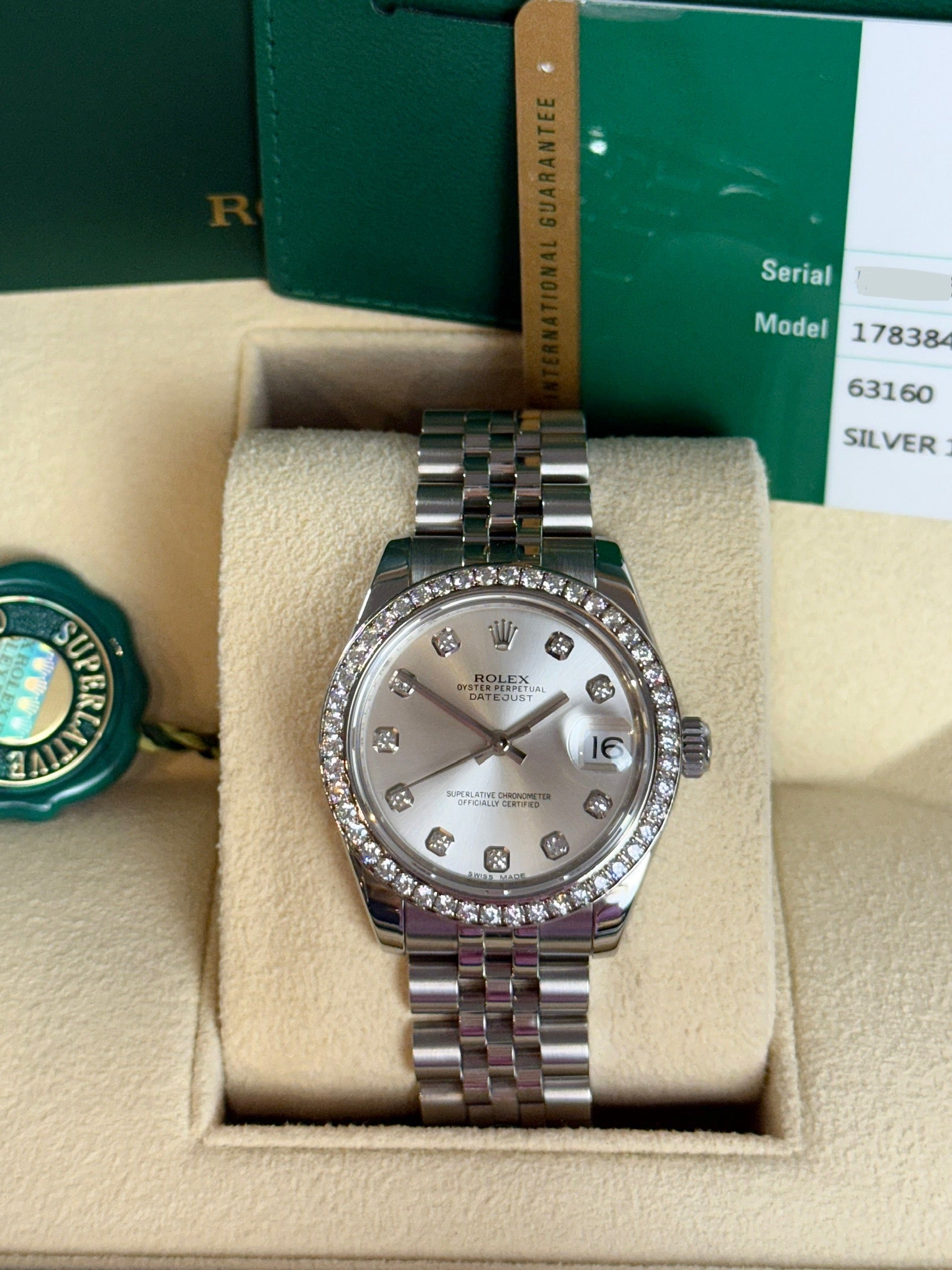 Rolex Datejust Midsize Silver Diamond Dial on Jubilee 178384 Complete 2016