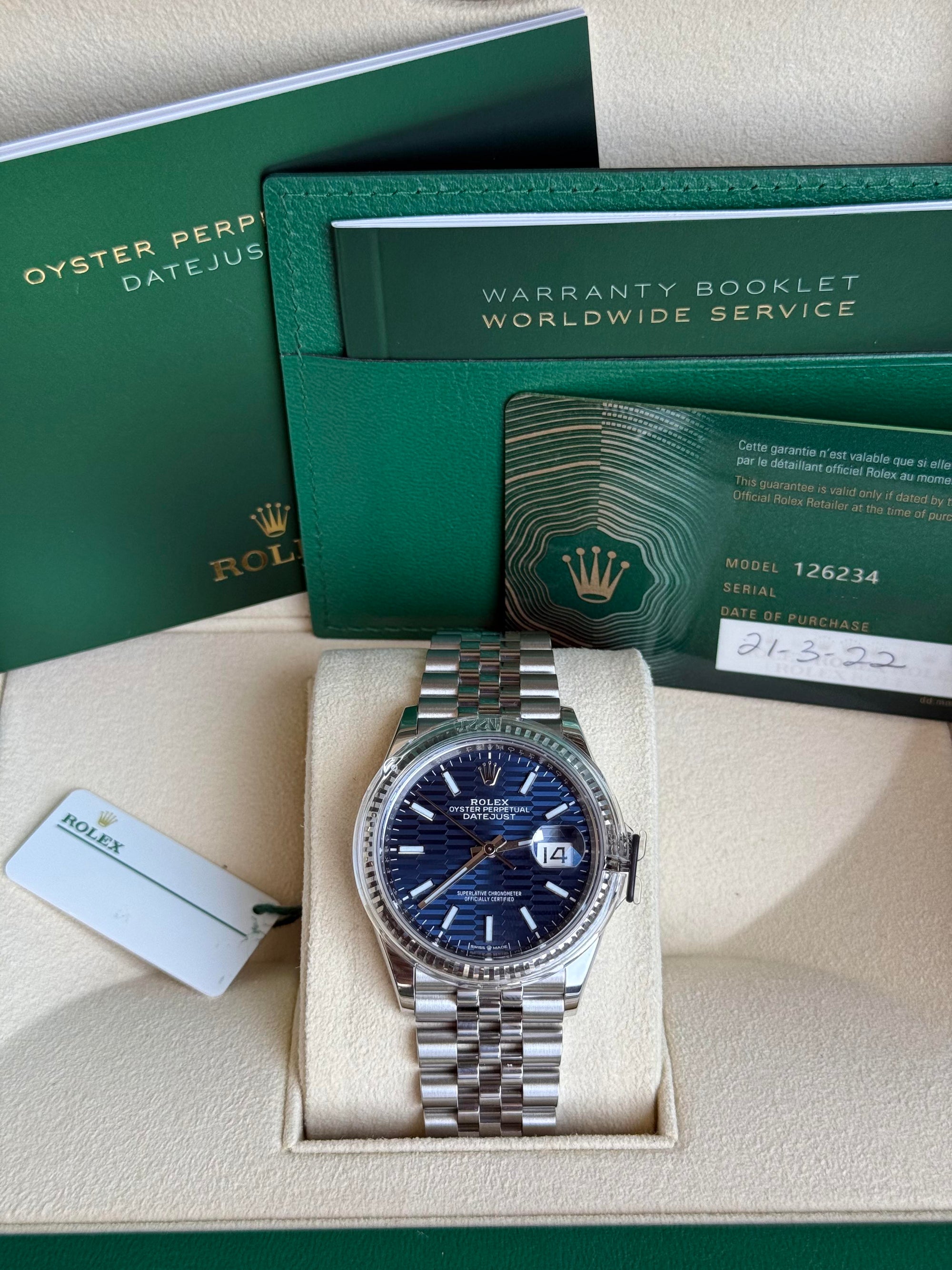 Rolex Datejust Bright Blue Fluted Motif Dial on Jubilee 126234 Complete 2022