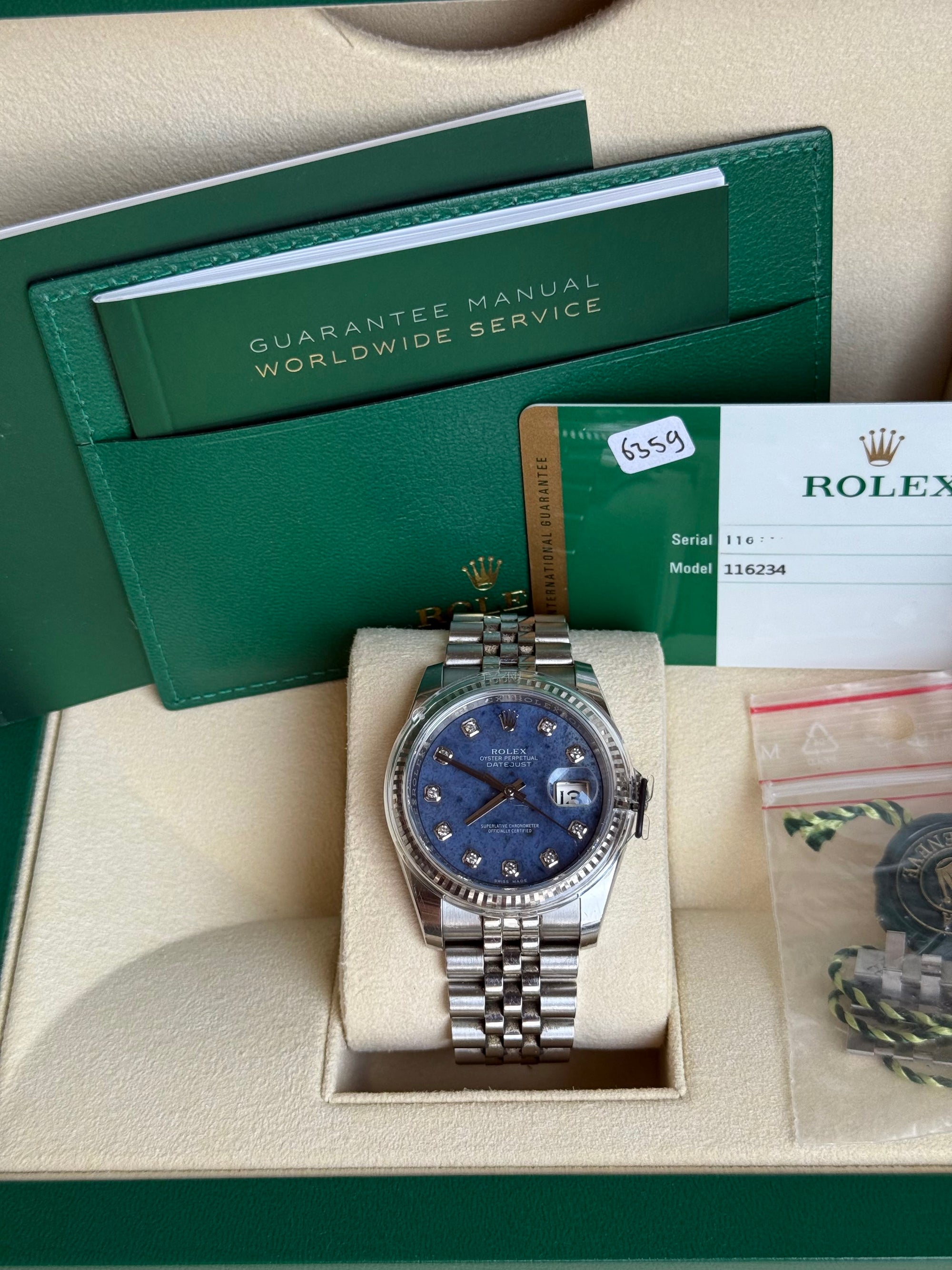 Rolex Datejust Blue Diamond Dial on Jubilee 116234 Complete Open Date