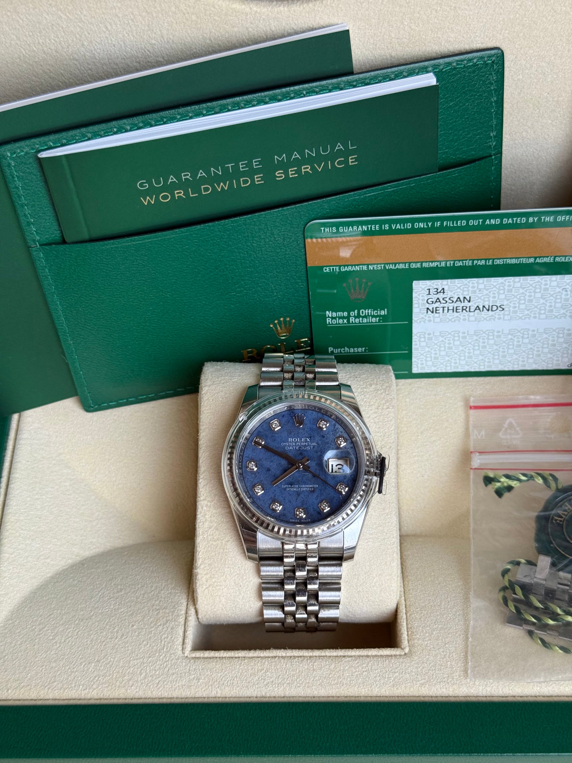 Rolex Datejust Blue Diamond Dial on Jubilee 116234 Complete Open Date