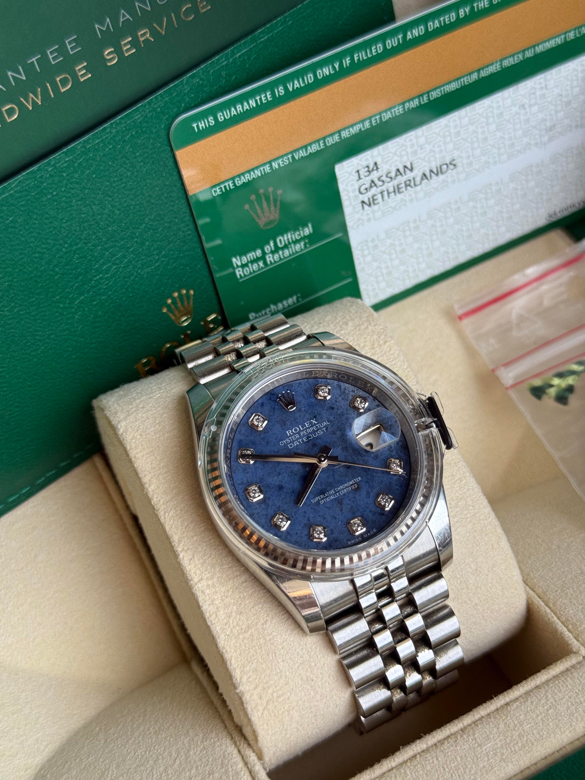 Rolex Datejust Blue Diamond Dial on Jubilee 116234 Complete Open Date