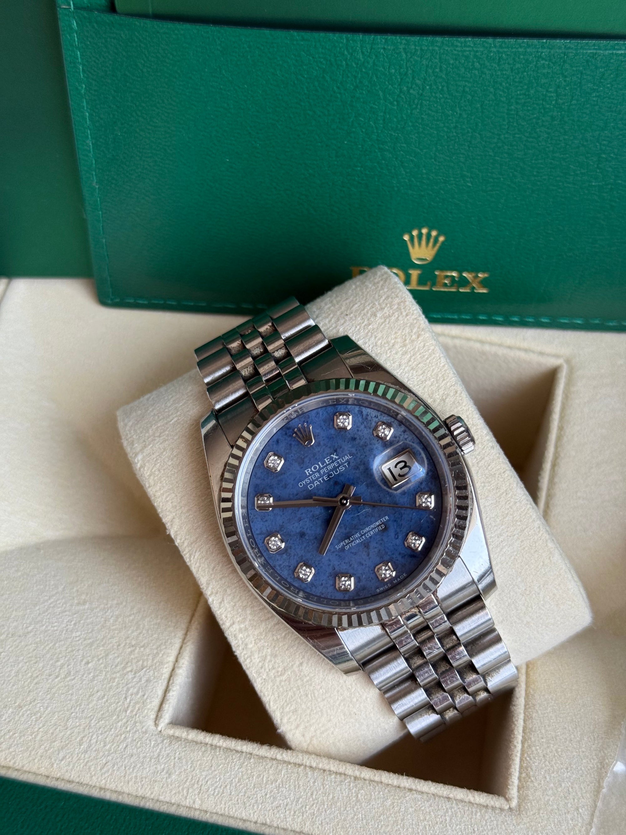 Rolex Datejust Blue Diamond Dial on Jubilee 116234 Complete Open Date