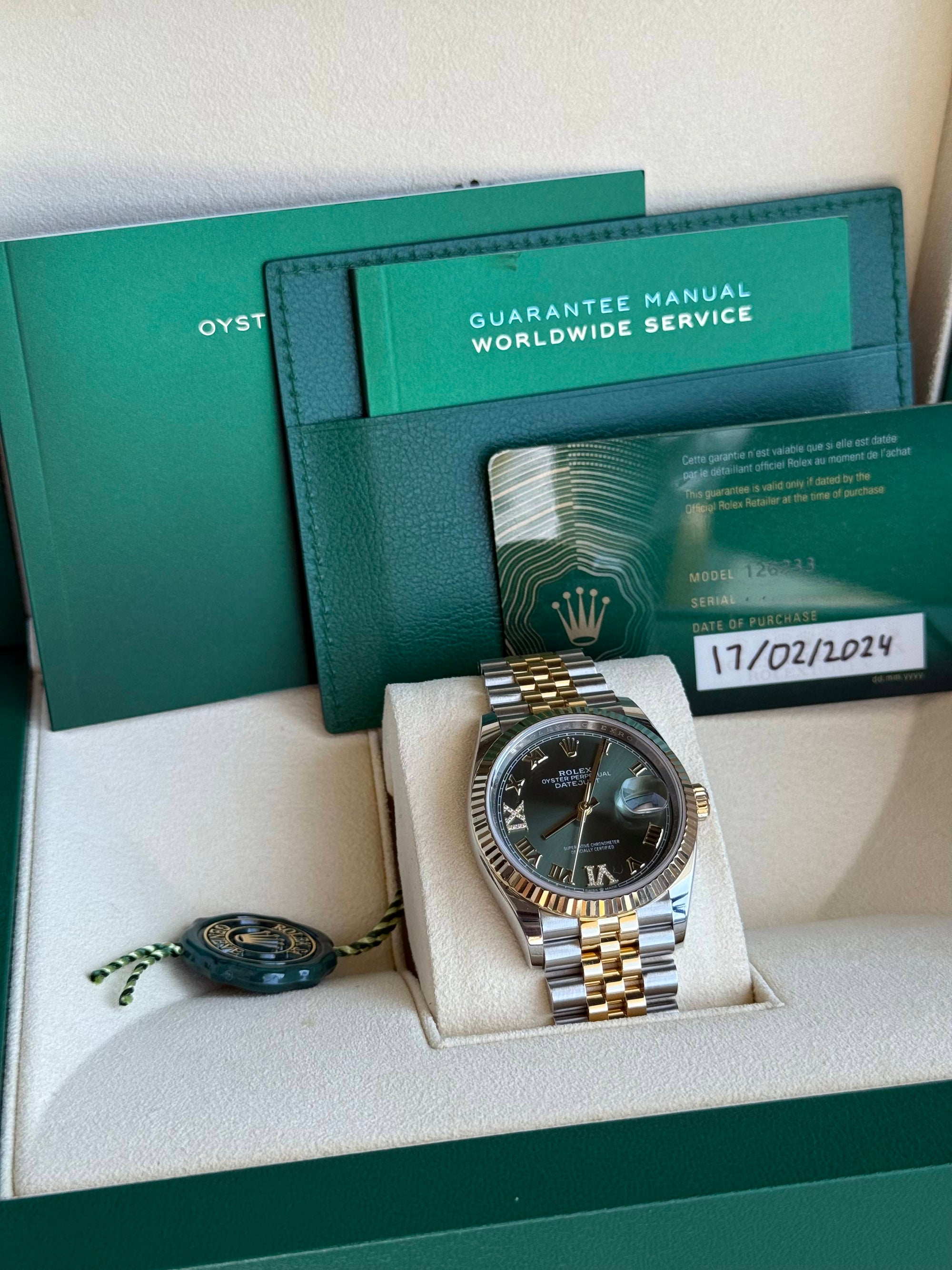 Rolex Datejust Olive Green Roman Dial on Jubilee 126233 Complete 2024