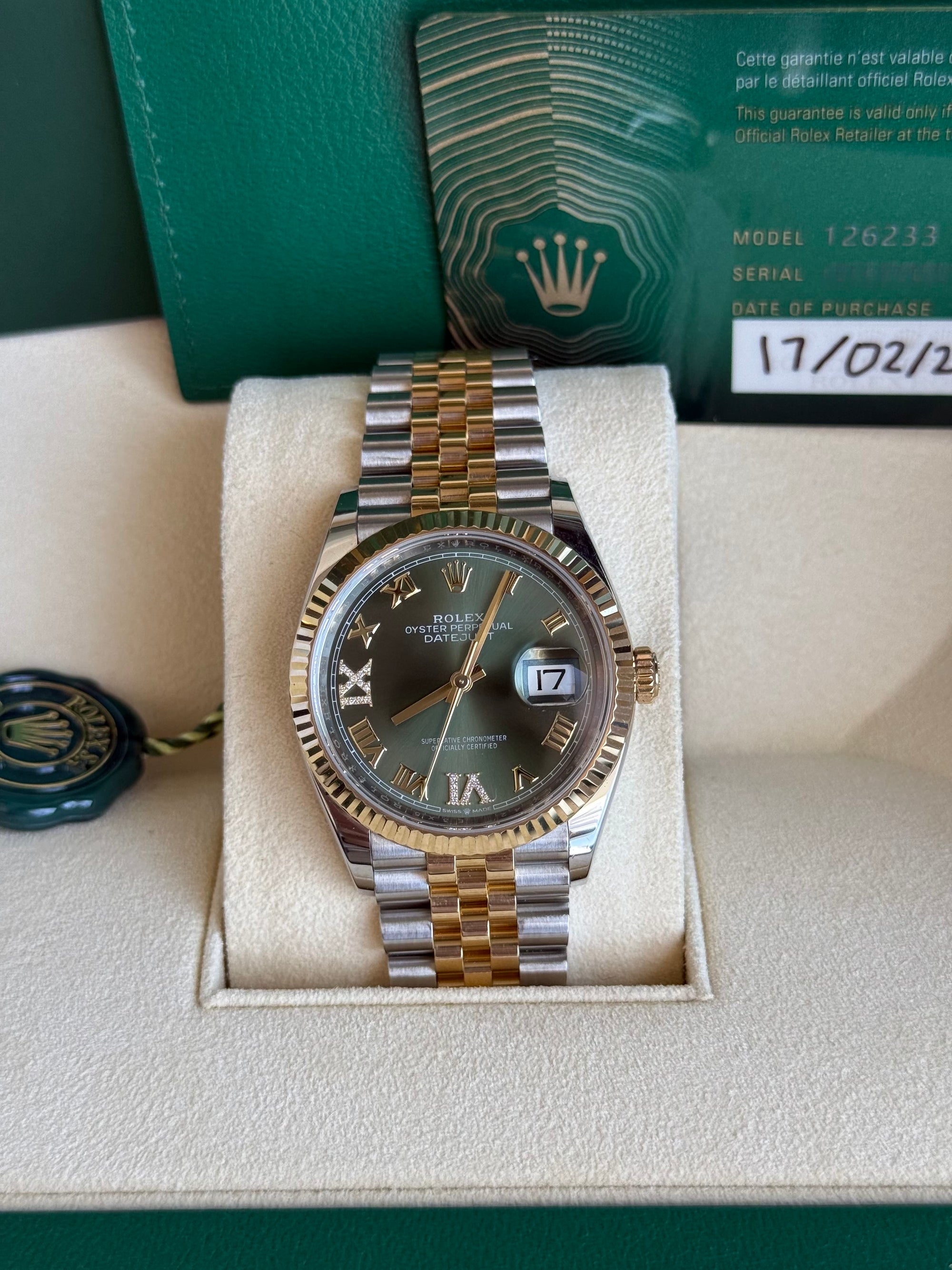 Rolex Datejust Olive Green Roman Dial on Jubilee 126233 Complete 2024