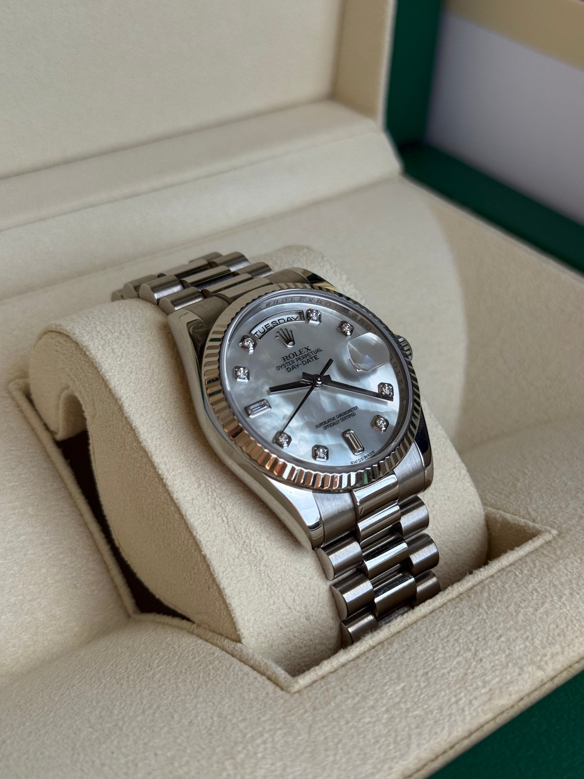 Rolex Day-Date 36 Mother-Of-Pearl Diamond Dial on President 118239 Service Papers and Box 2025