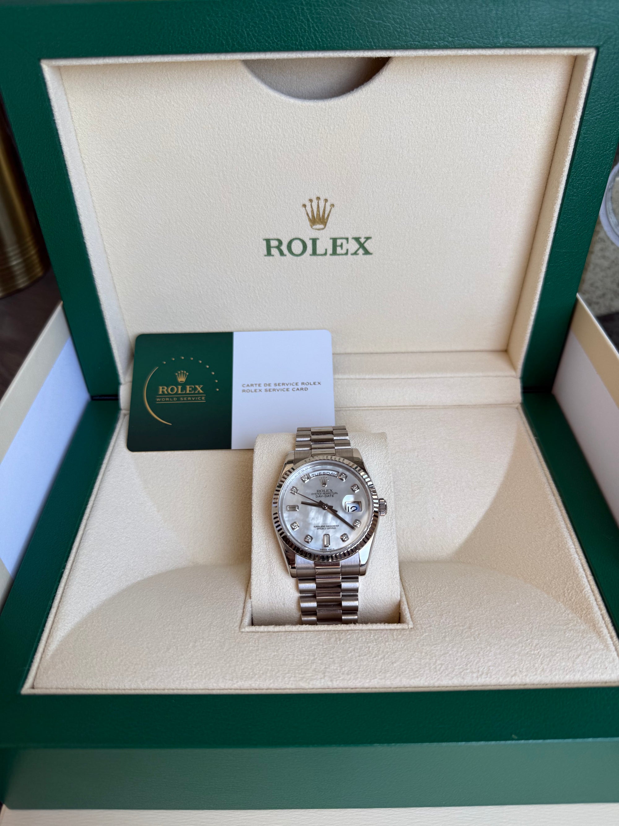 Rolex Day-Date 36 Mother-Of-Pearl Diamond Dial on President 118239 Service Papers and Box 2025