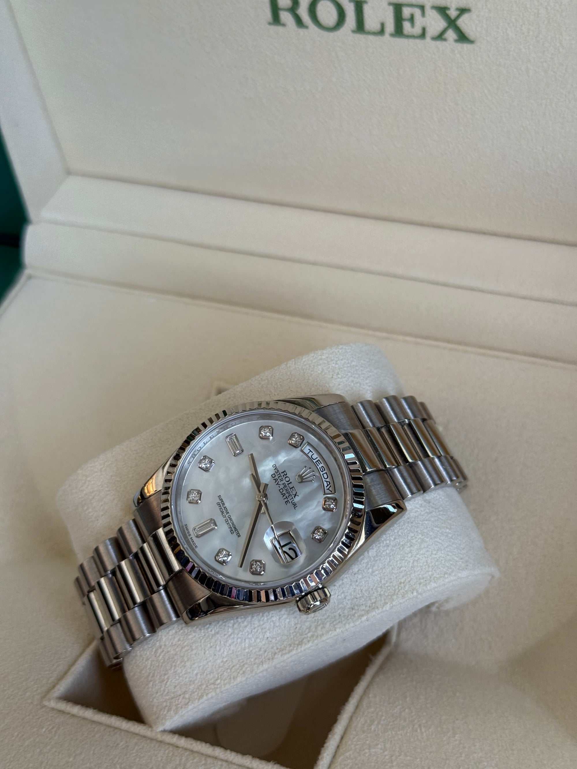 Rolex Day-Date 36 Mother-Of-Pearl Diamond Dial on President 118239 Service Papers and Box 2025
