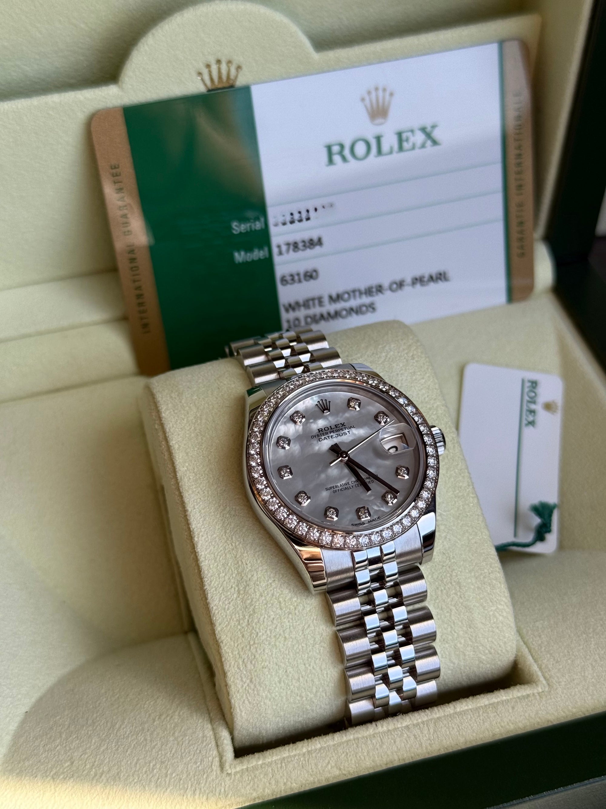 Rolex Datejust 31 Mother of Pearl Diamond Dial on Jubilee 178384 Complete 2019