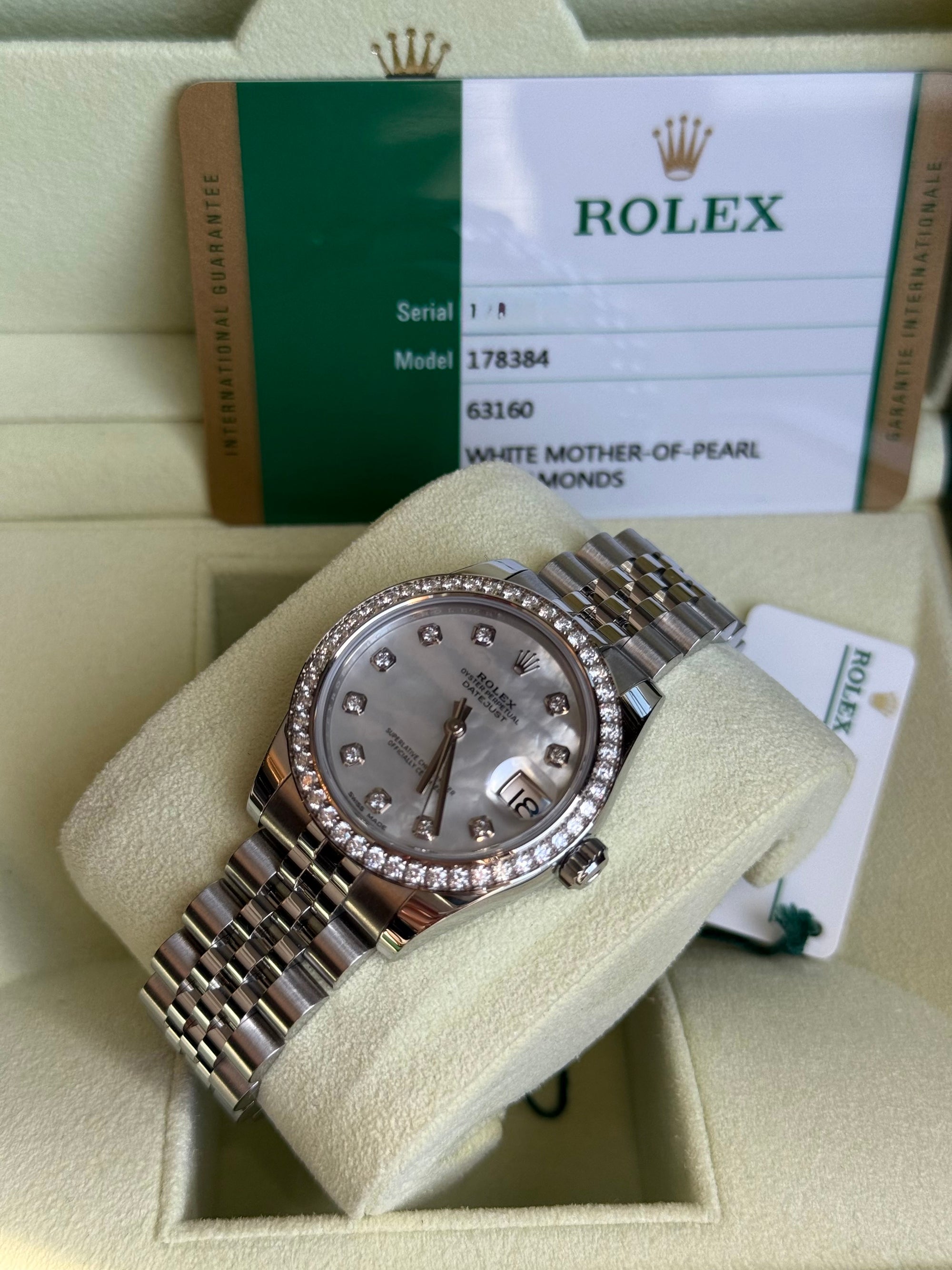Rolex Datejust 31 Mother of Pearl Diamond Dial on Jubilee 178384 Complete 2019