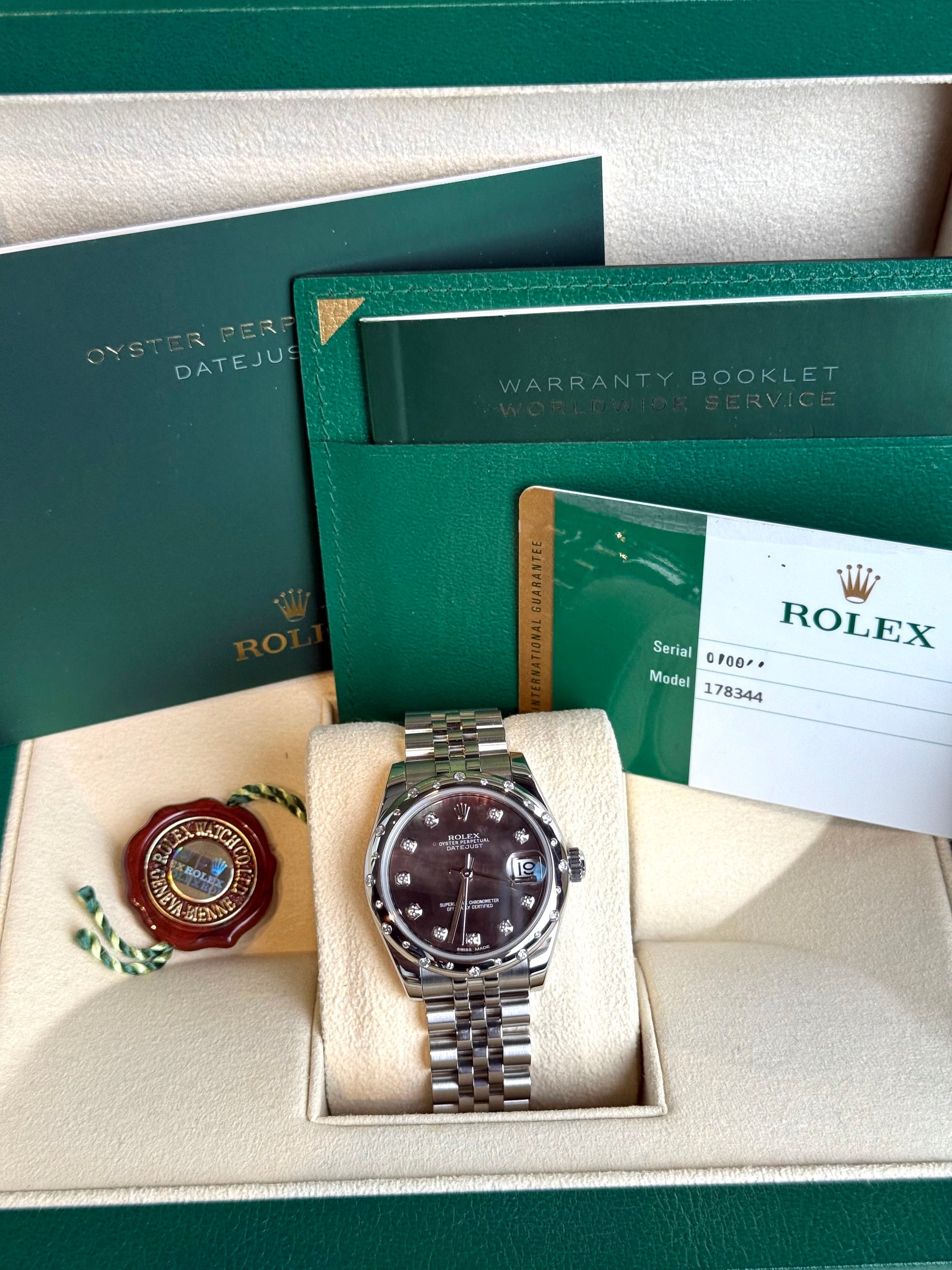 Rolex Datejust 31 Dark Mother of Pearl Diamond Dial on Jubilee 178344 Complete 2017