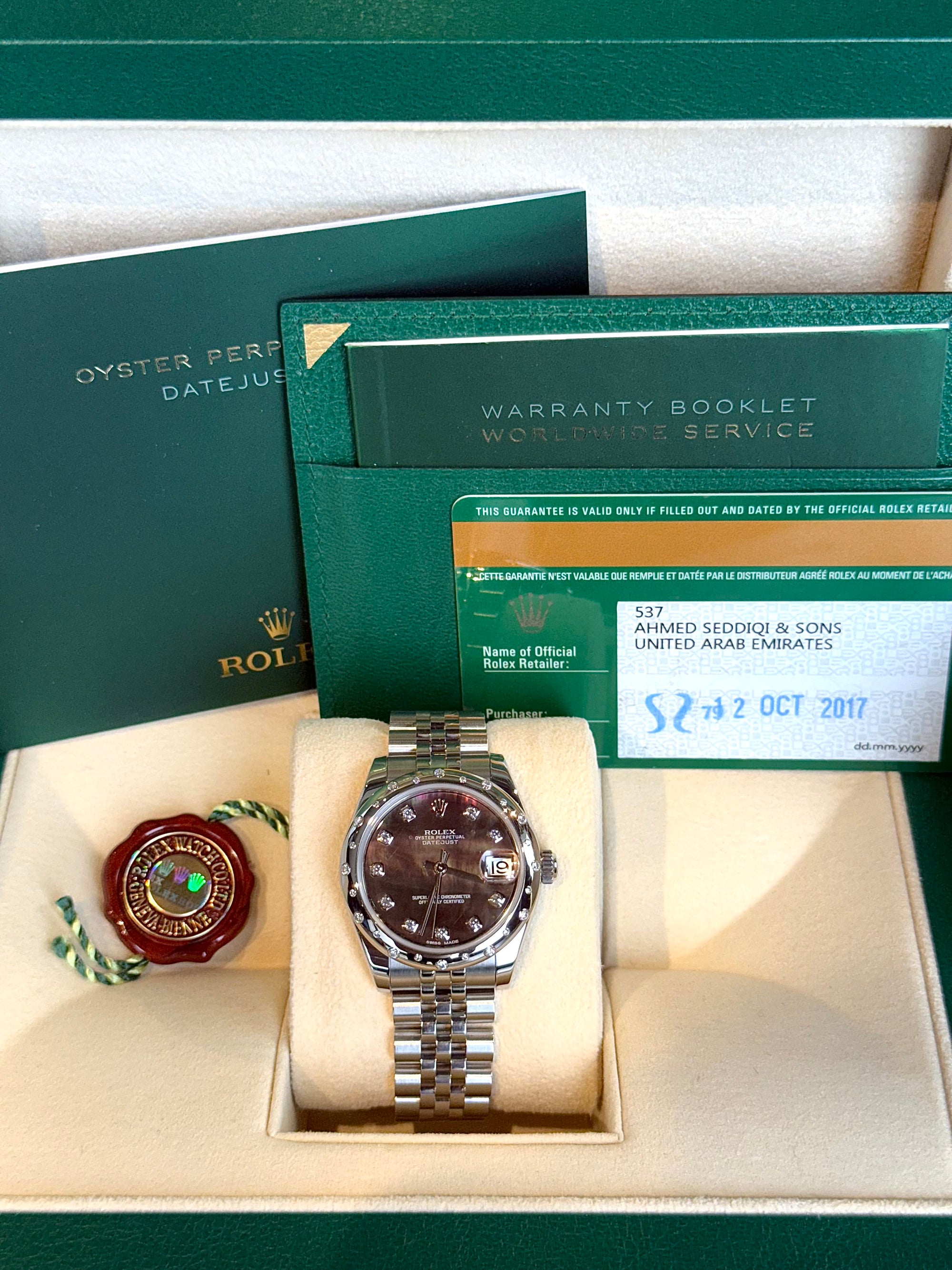 Rolex Datejust 31 Dark Mother of Pearl Diamond Dial on Jubilee 178344 Complete 2017