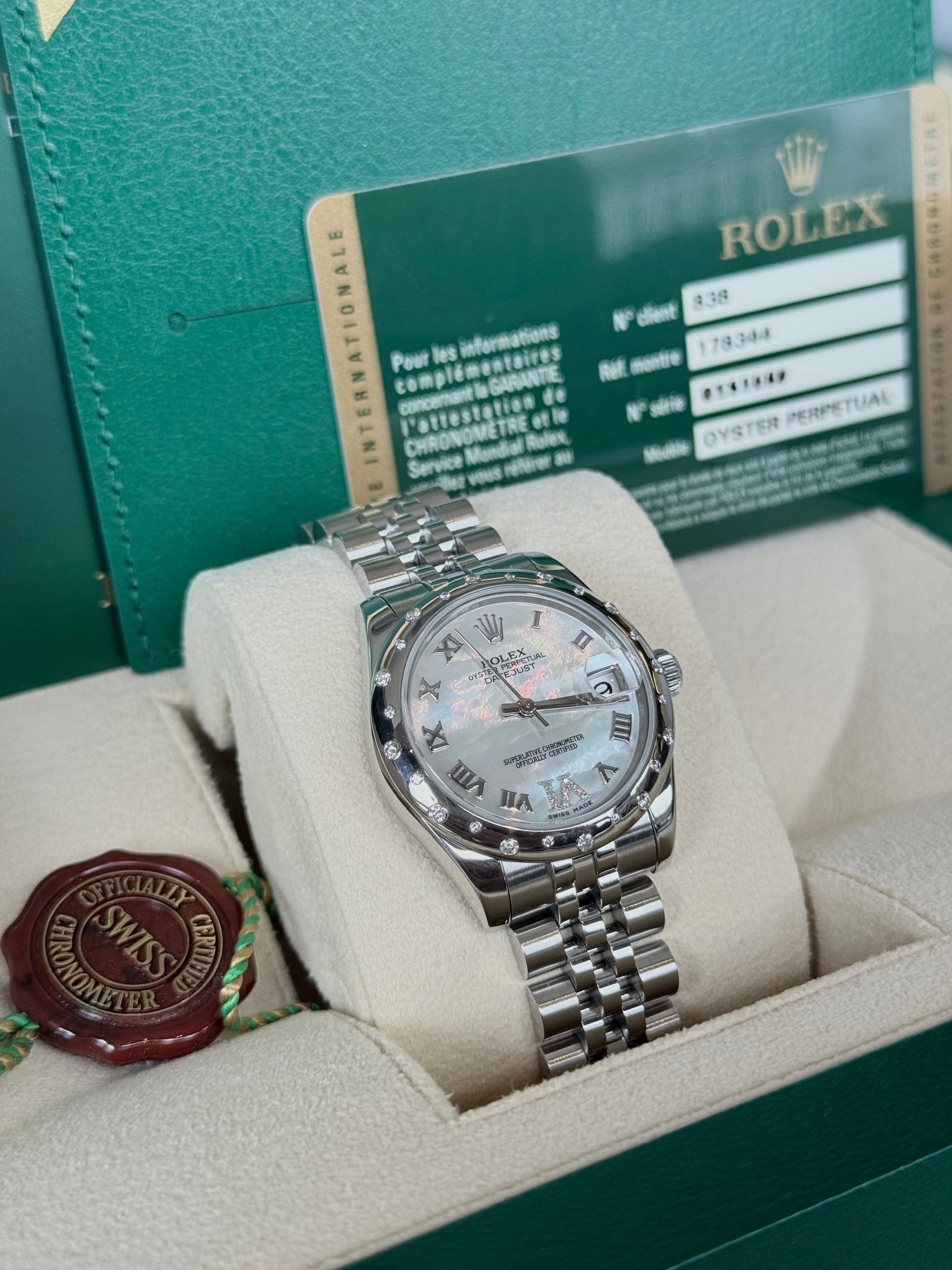 Rolex Datejust 31 Mother of Pearl Roman Diamond Dial on Jubilee 178344 Complete 2013
