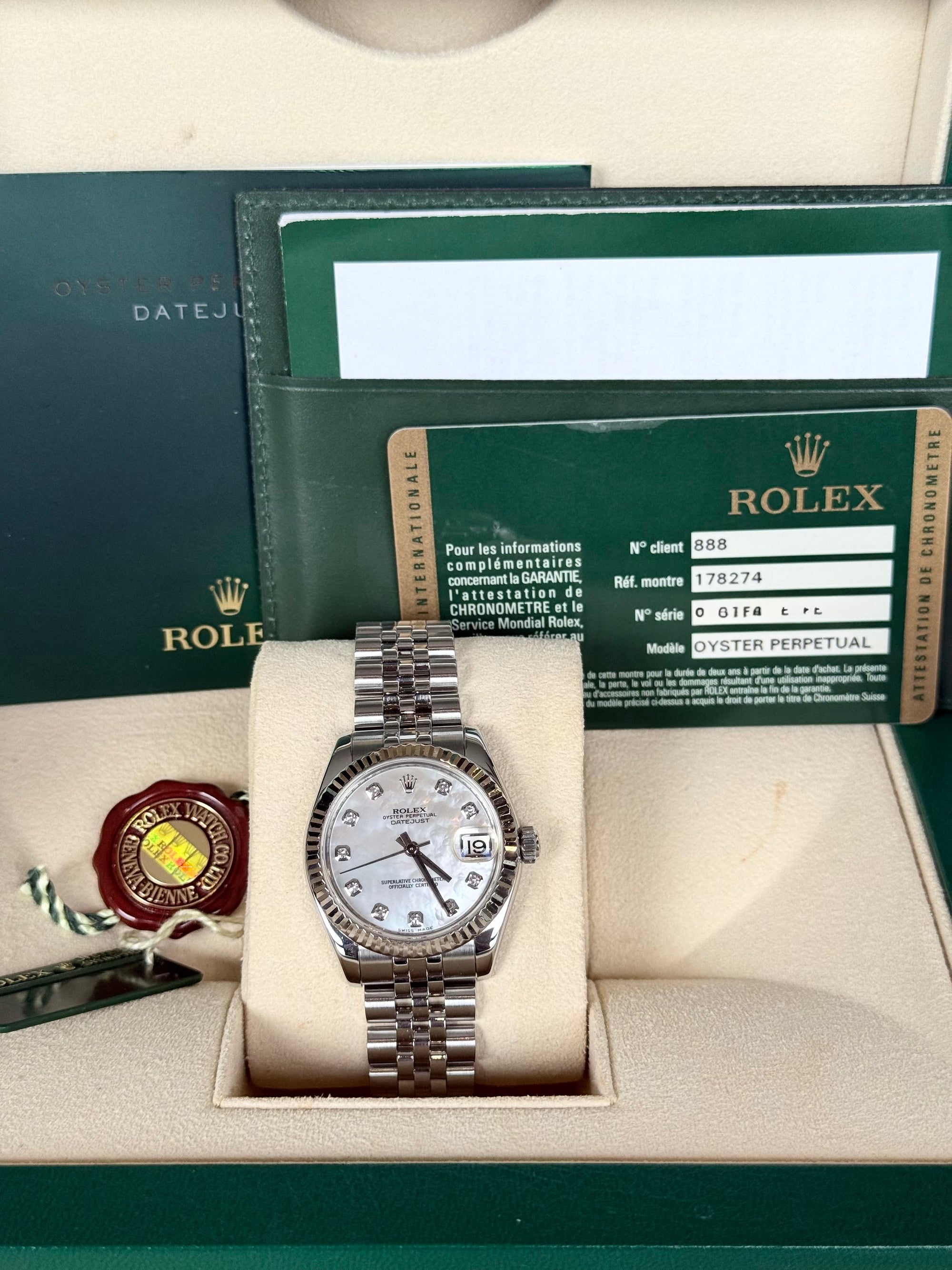 Rolex Datejust Mother of Pearl Diamond Dial on Jubilee 178274 Complete 2000