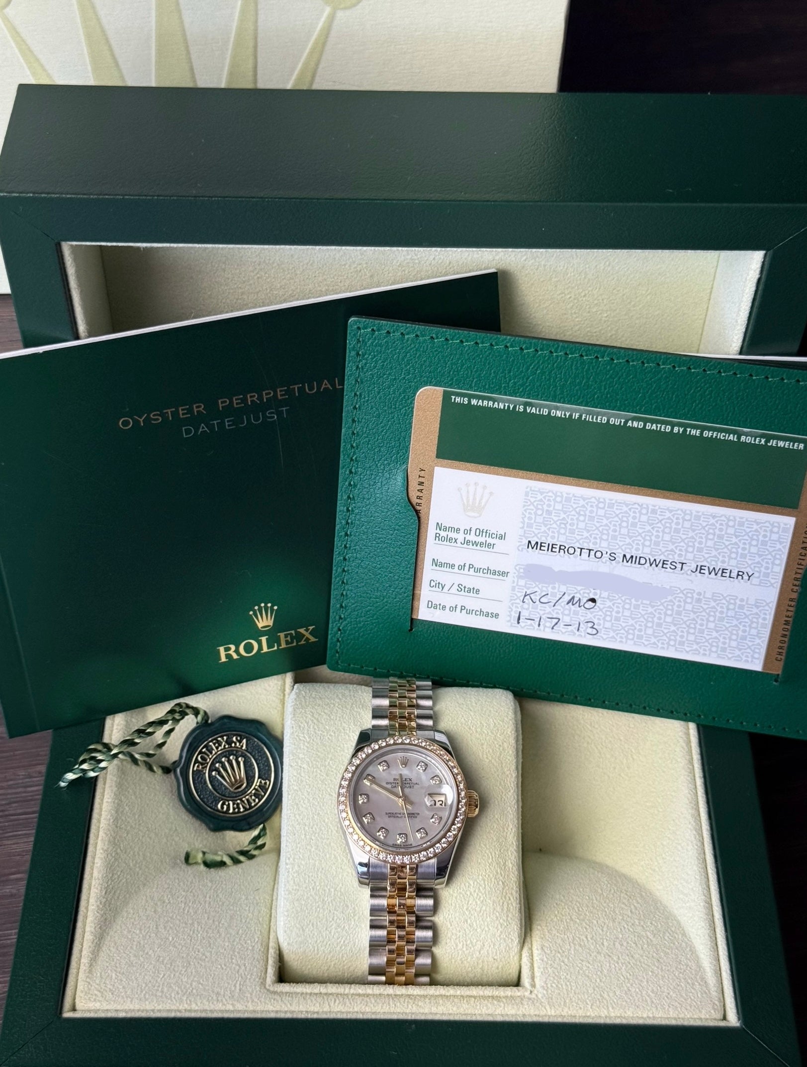 Rolex Lady-Datejust Mother of Pearl Factory Diamond Dial on Jubilee 179383 Complete 2013