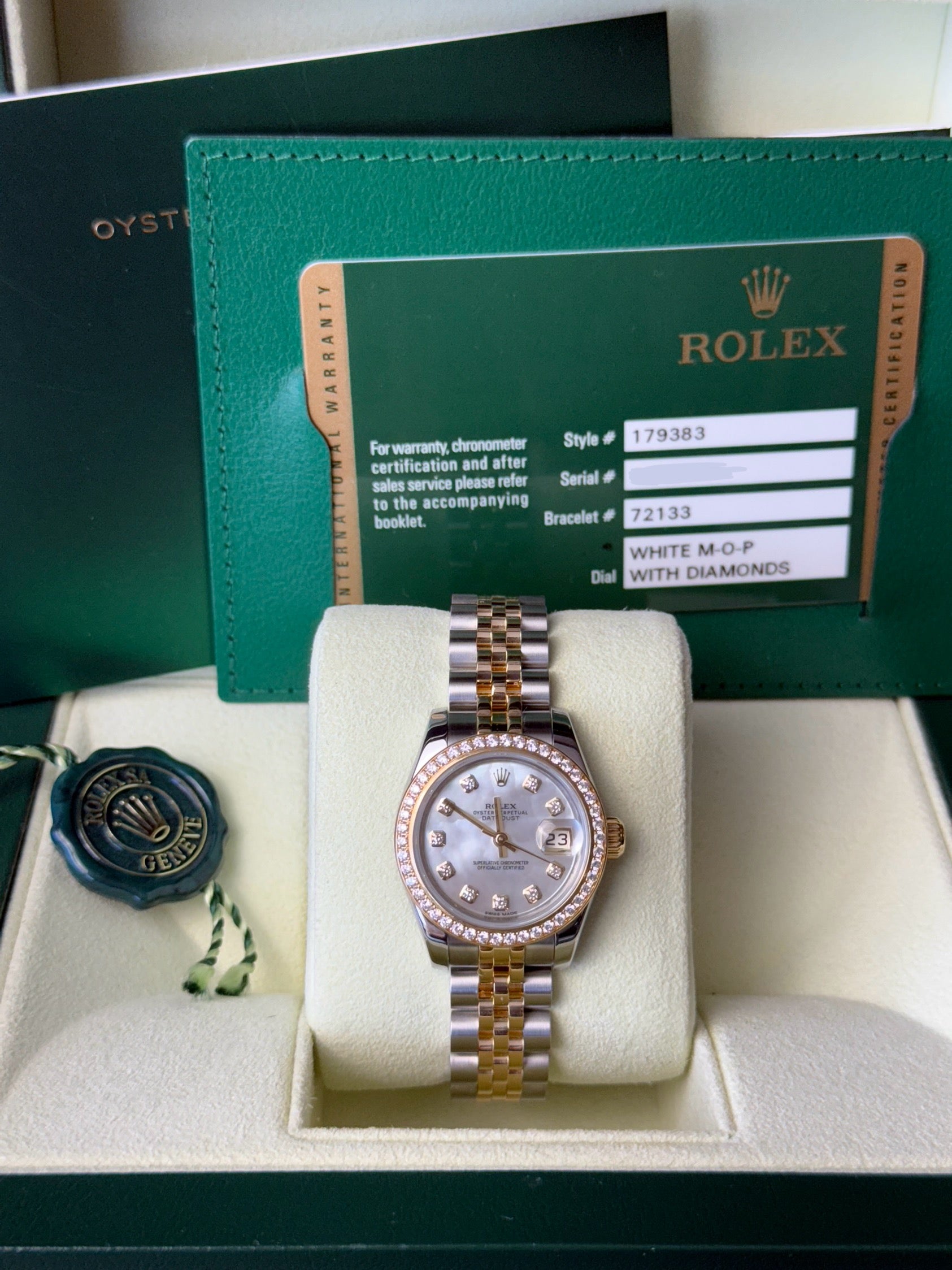Rolex Lady-Datejust Mother of Pearl Factory Diamond Dial on Jubilee 179383 Complete 2013