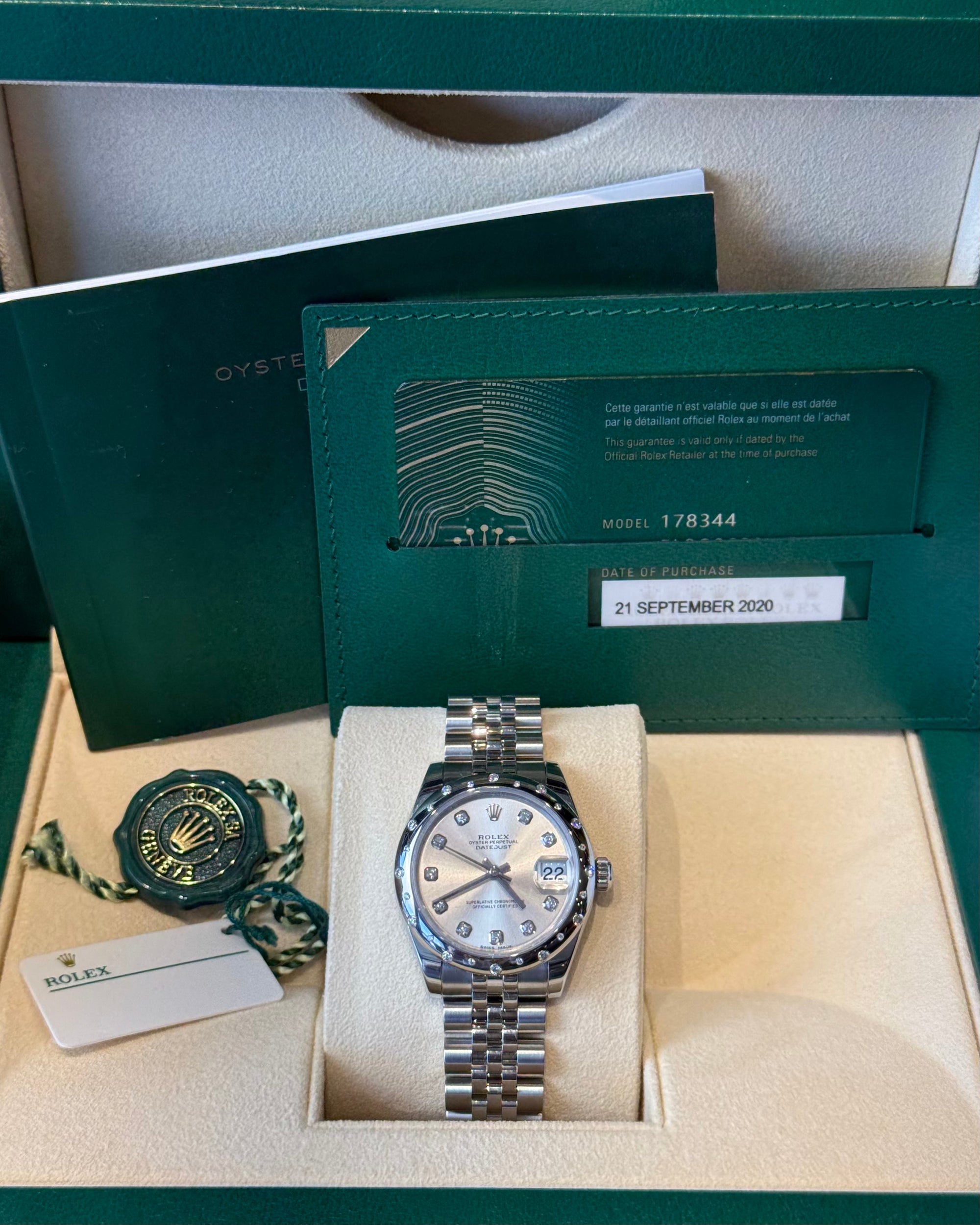 Rolex Datejust 31 Silver Diamond Dial on Jubilee 178344 Complete 2020