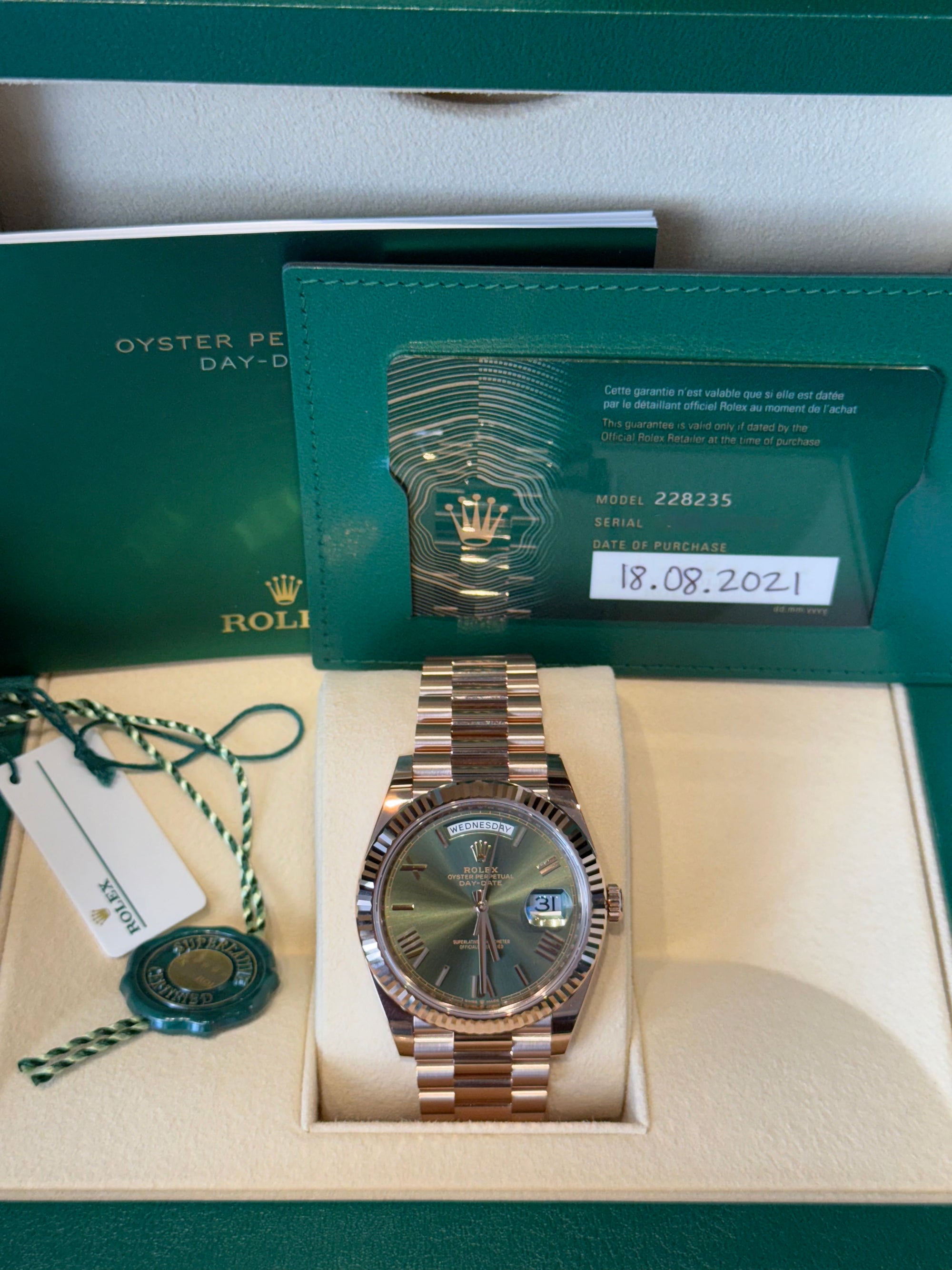 Rolex Day-Date 40 Olive Green Roman Dial on President 228235 Complete 2021