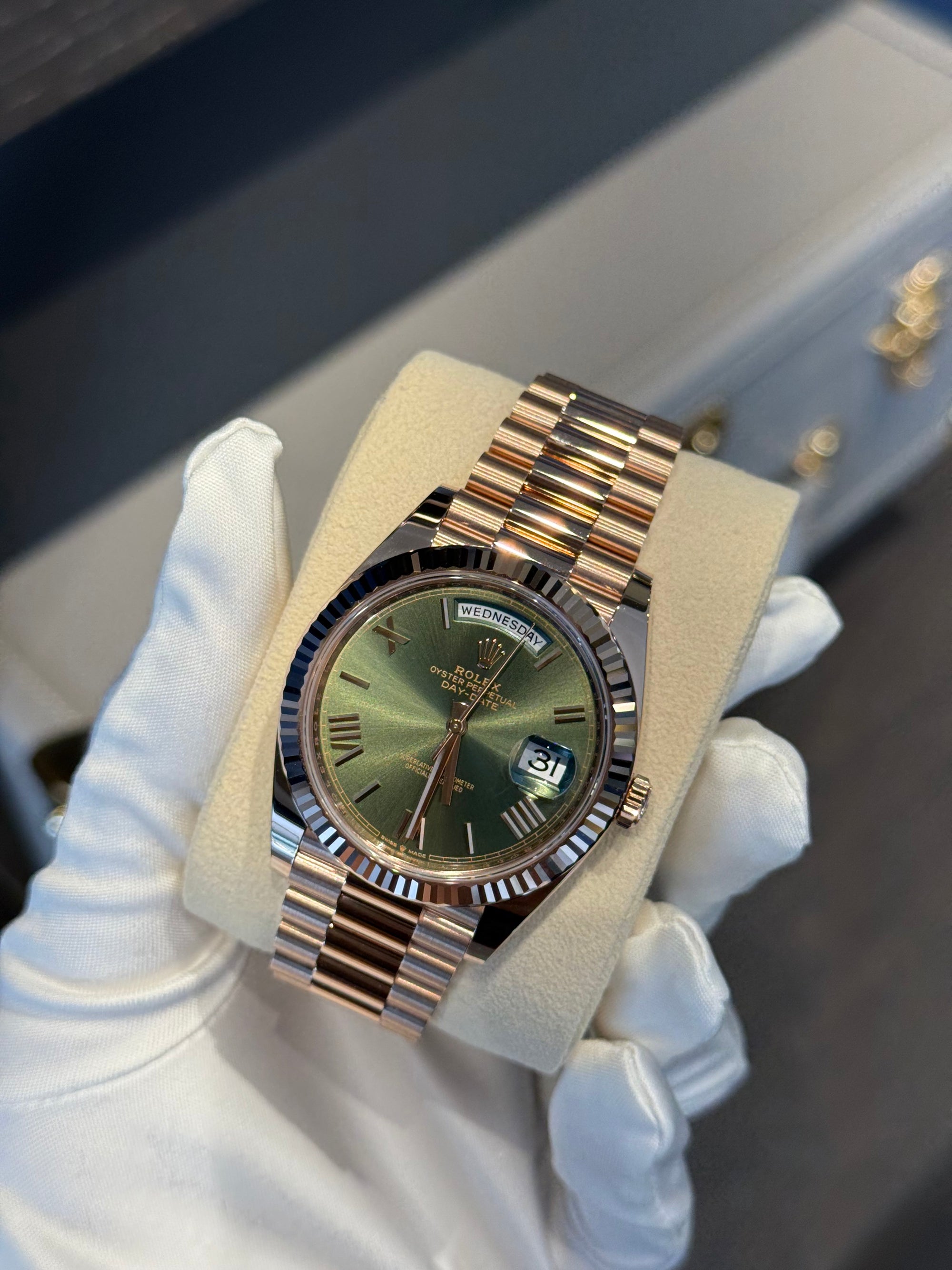 Rolex Day-Date 40 Olive Green Roman Dial on President 228235 Complete 2021