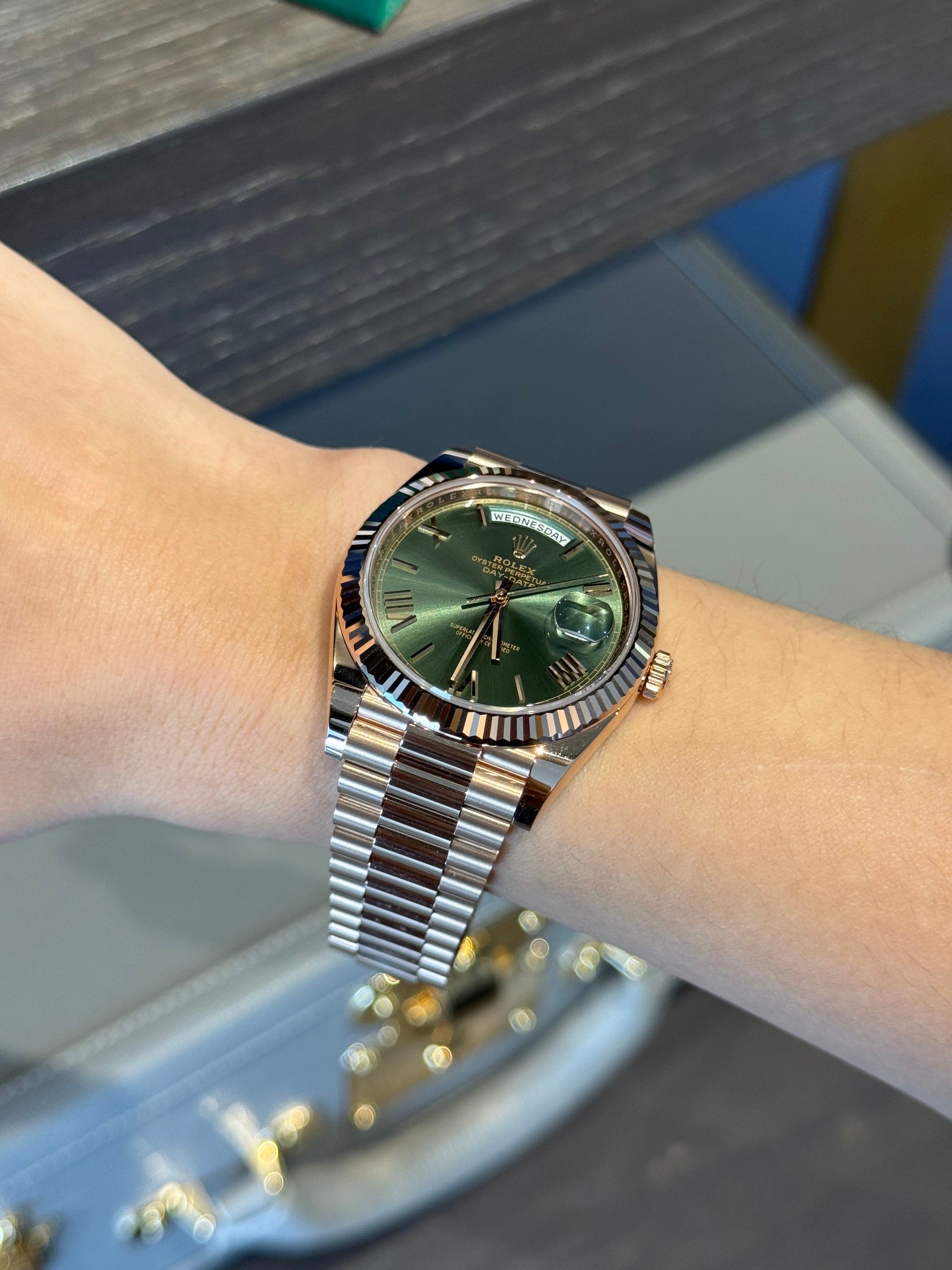 Rolex Day-Date 40 Olive Green Roman Dial on President 228235 Complete 2021