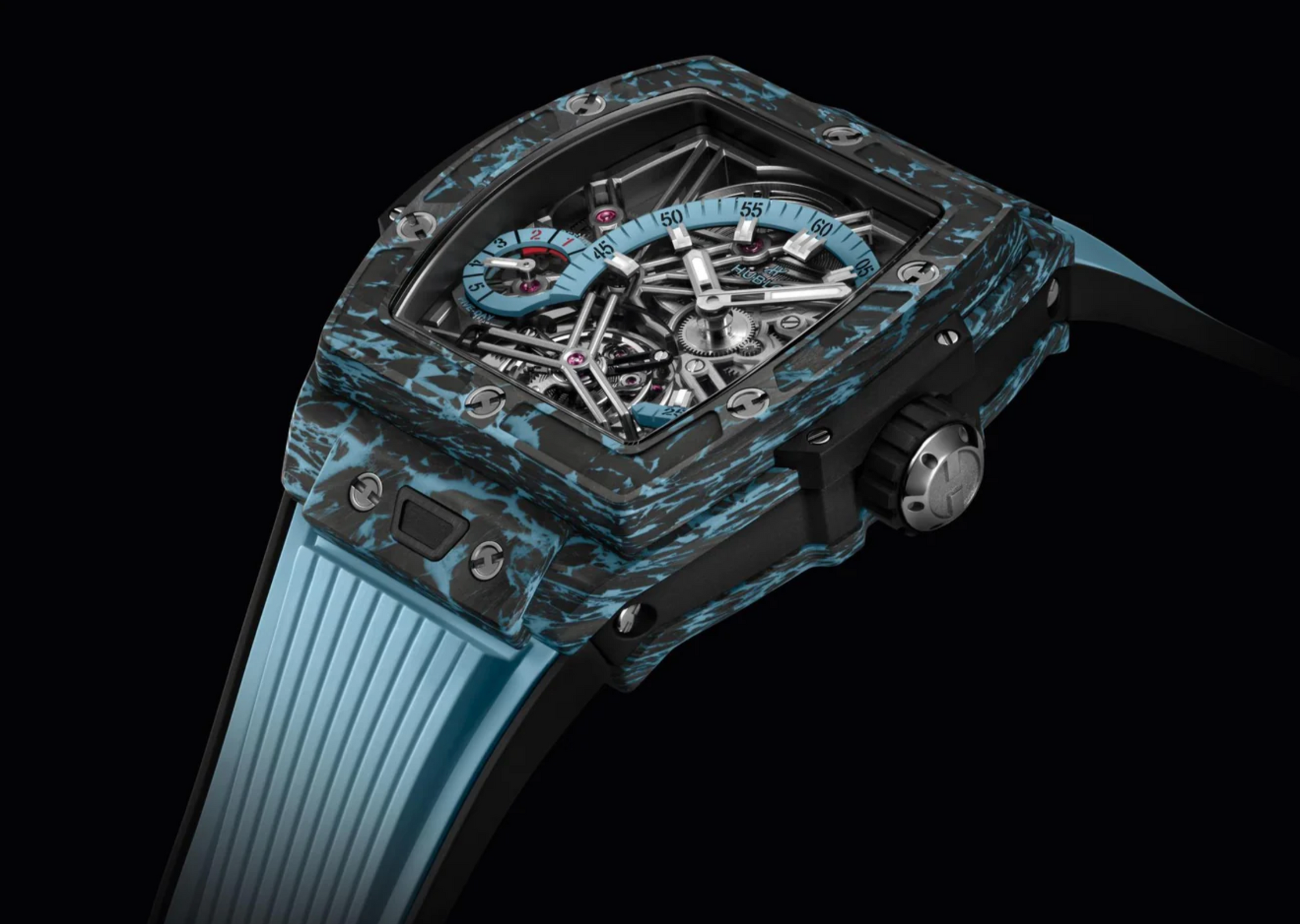 Hublot Shaped Spirit of Big Bang Tourbillon Carbon Sky Blue Dial on Rubber 645.QL.5117.RX Complete 2025