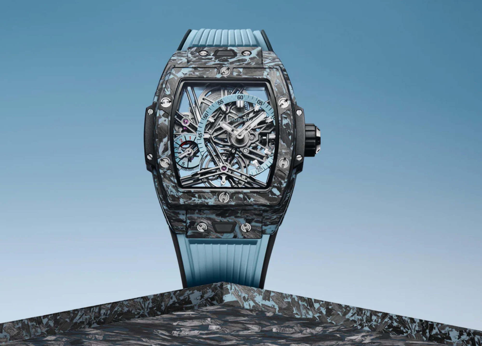 Hublot Shaped Spirit of Big Bang Tourbillon Carbon Sky Blue Dial on Rubber 645.QL.5117.RX Complete 2025