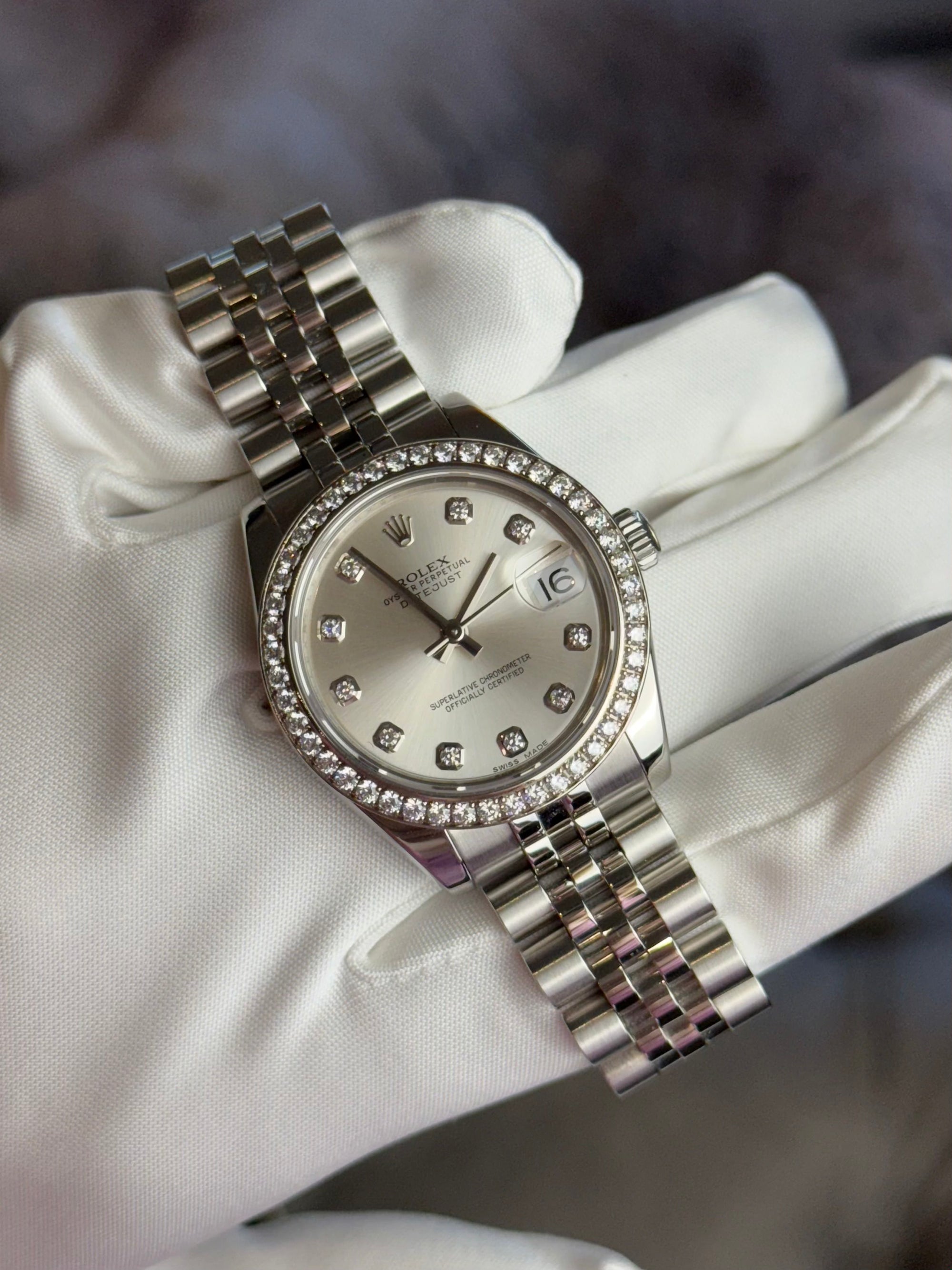Rolex Datejust Midsize Silver Diamond Dial on Jubilee 178384 Complete 2016
