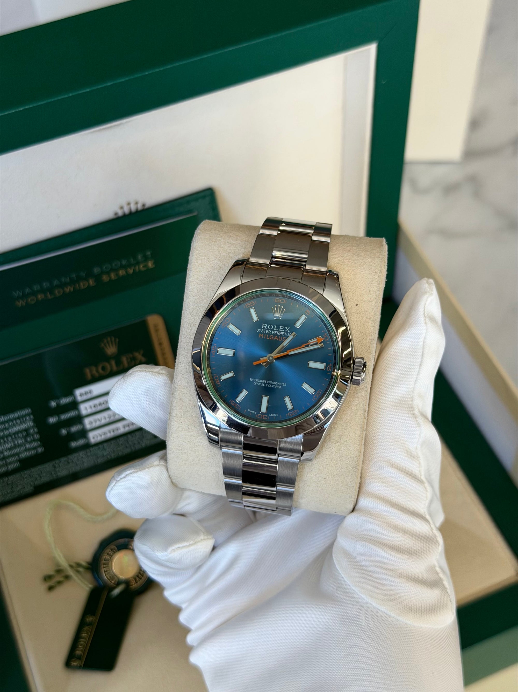 Rolex Milgauss Blue Dial on Oyster 116400GV Complete 2014
