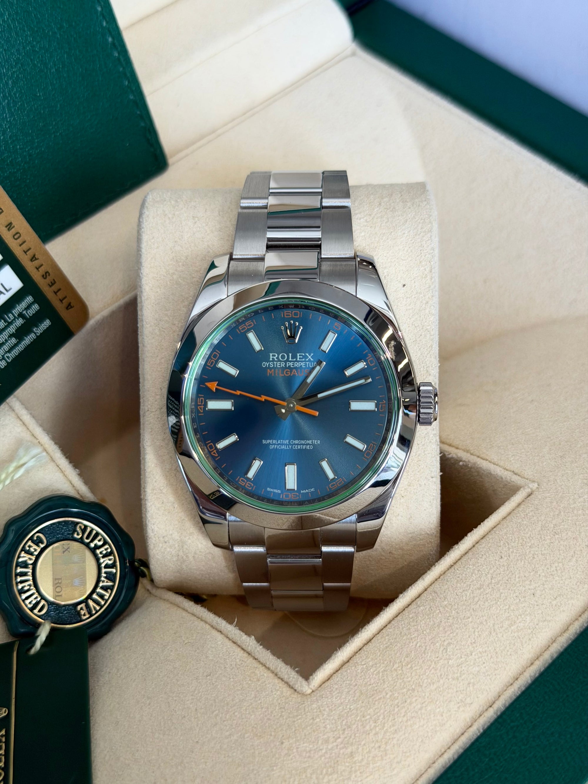 Rolex Milgauss Blue Dial on Oyster 116400GV Complete 2014