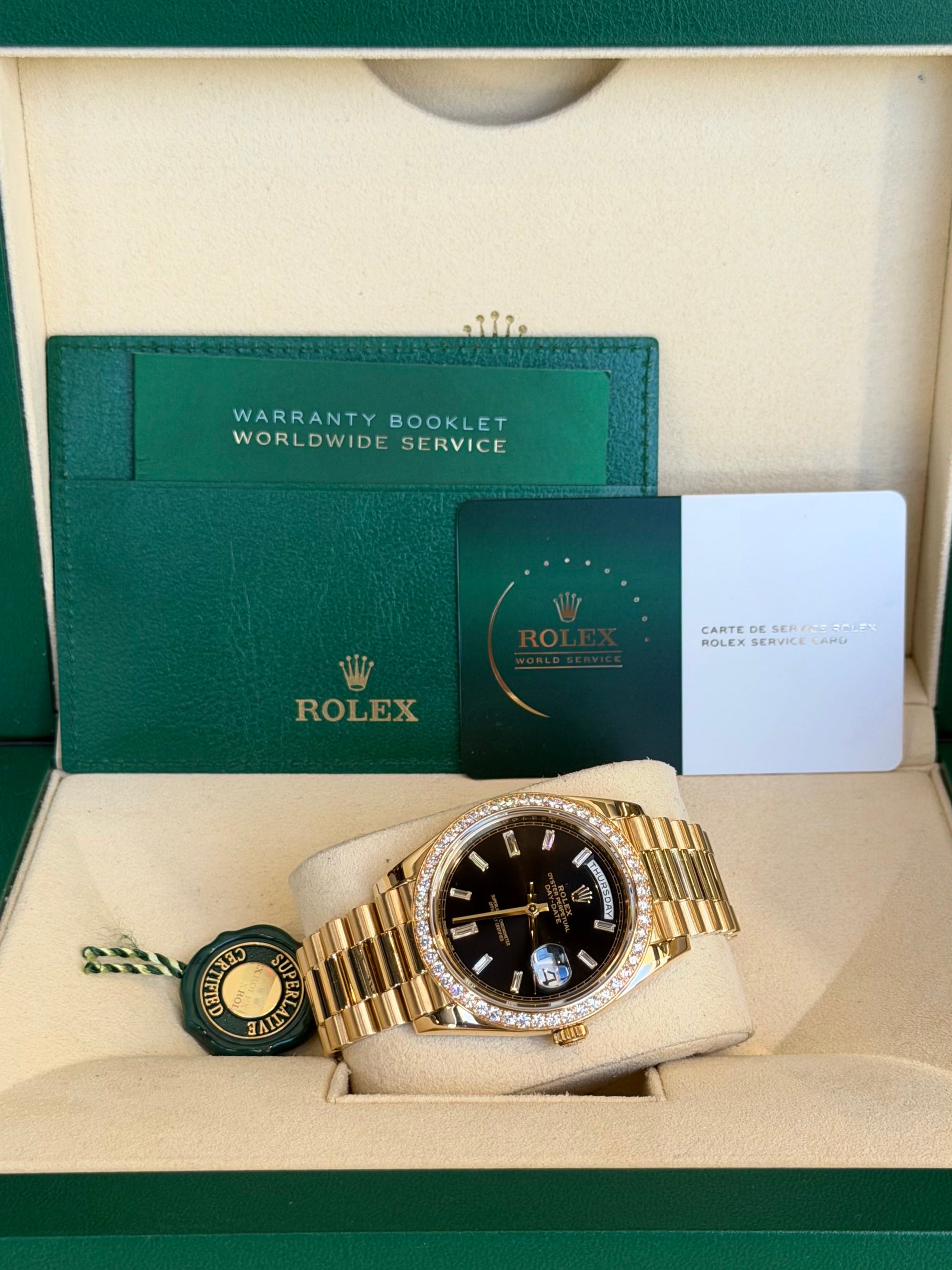Rolex Day-Date 40 Black Baguette Diamond Dial on President 228348RBR Service Papers