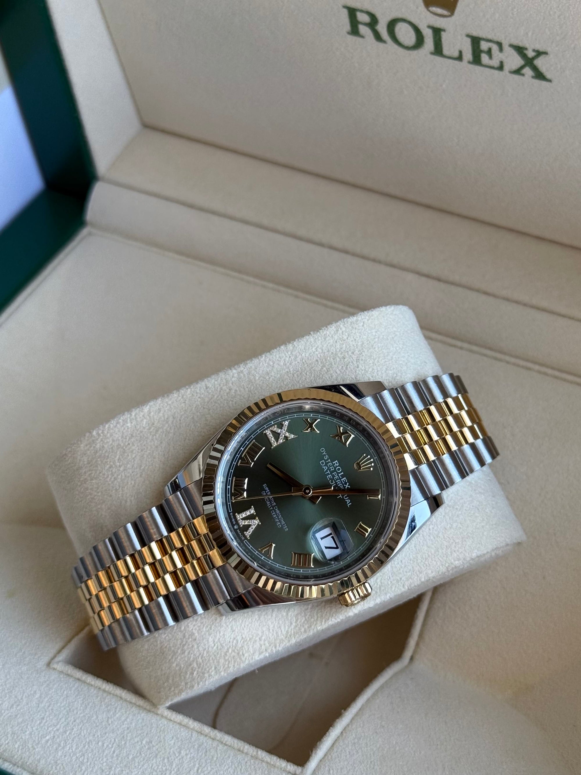 Rolex Datejust Olive Green Roman Dial on Jubilee 126233 Complete 2024