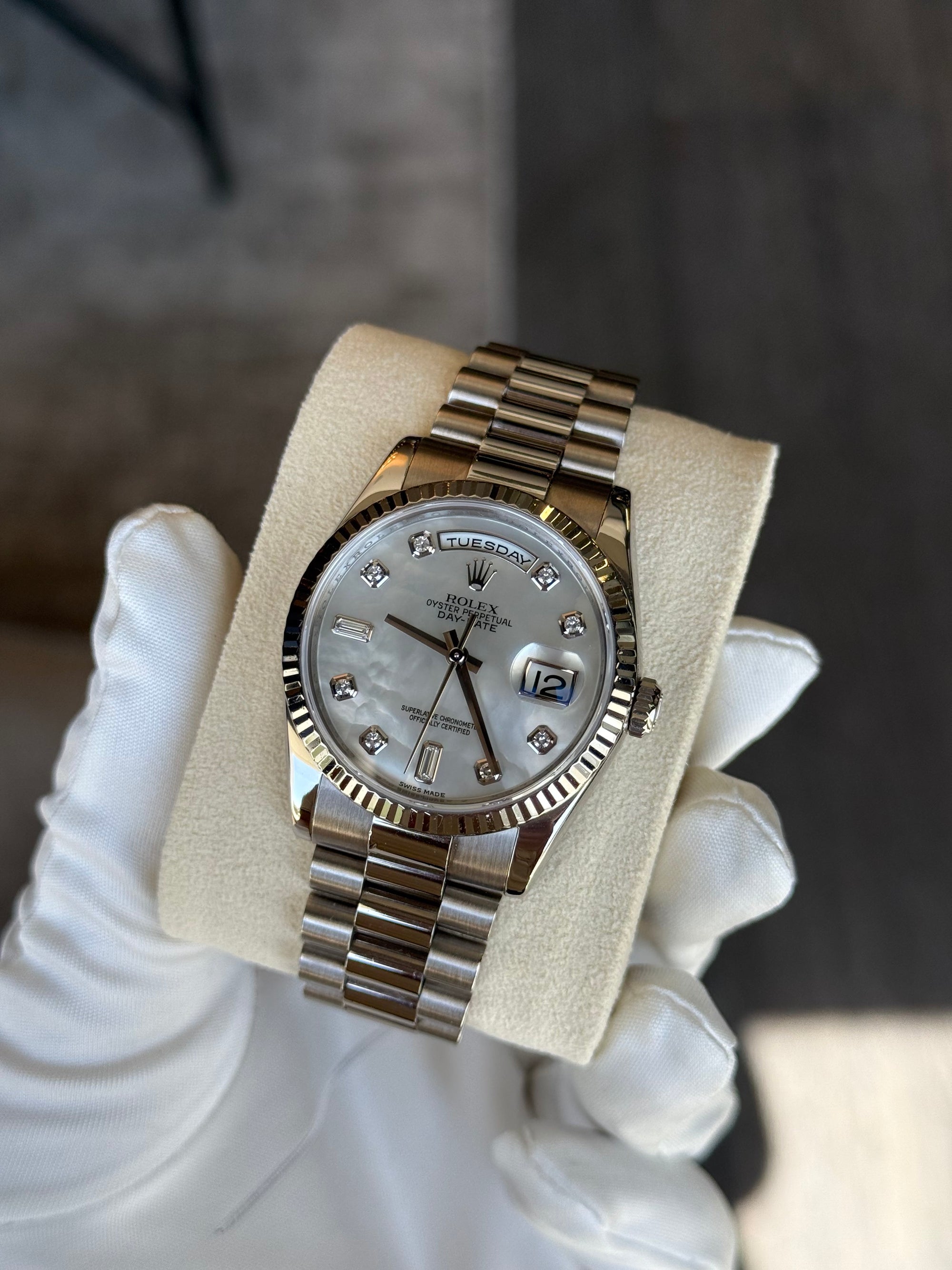 Rolex Day-Date 36 Mother-Of-Pearl Diamond Dial on President 118239 Service Papers and Box 2025