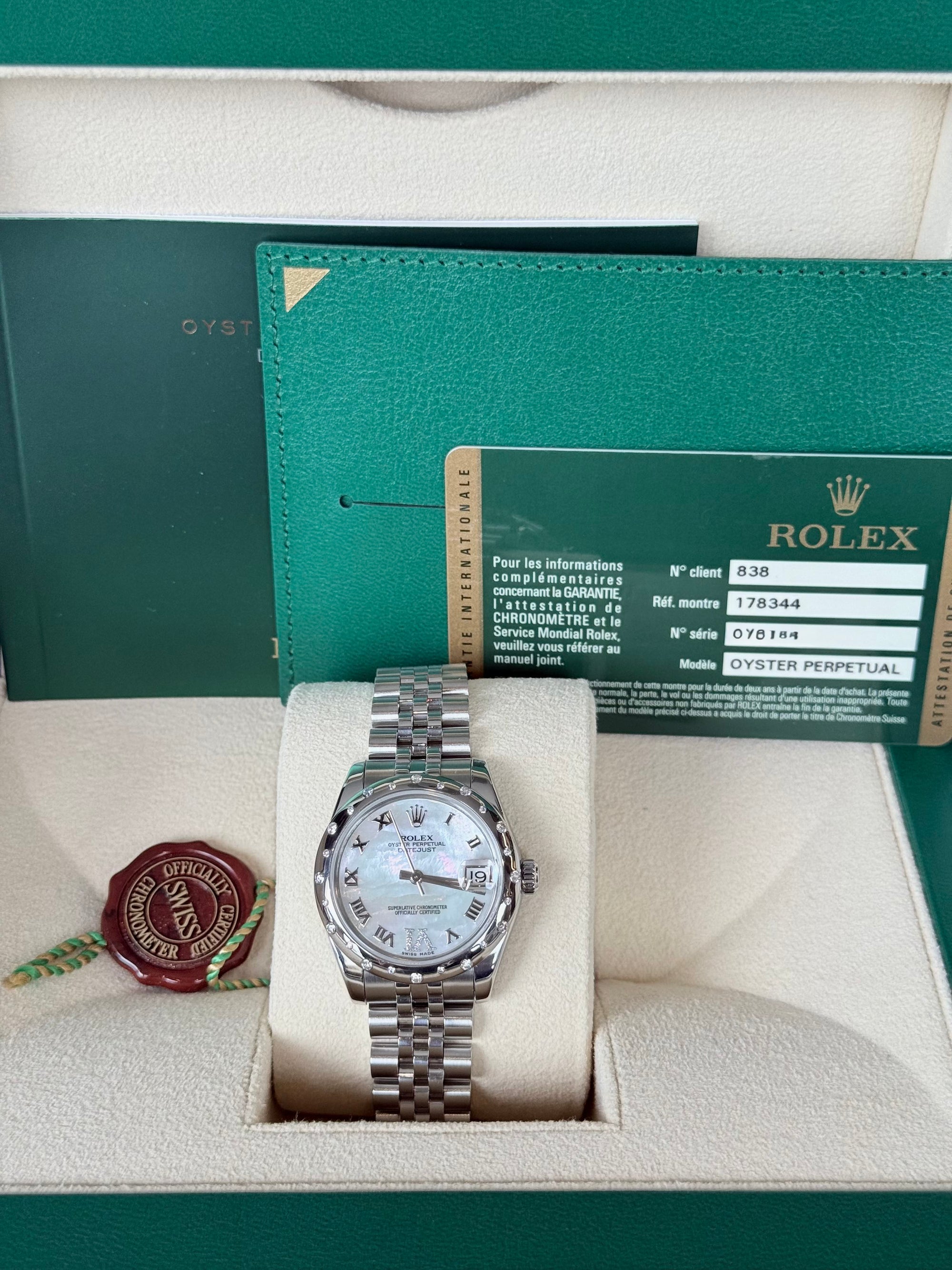Rolex Datejust 31 Mother of Pearl Roman Diamond Dial on Jubilee 178344 Complete 2013