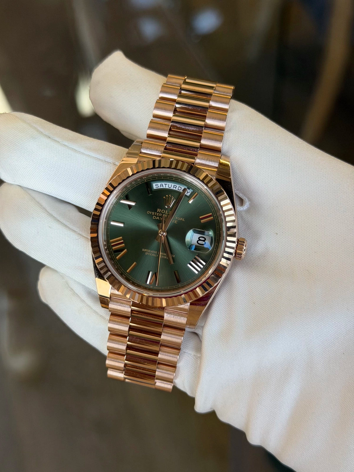 Rolex Day-Date 40 Olive Green Roman Dial on President 228235 Complete 2026