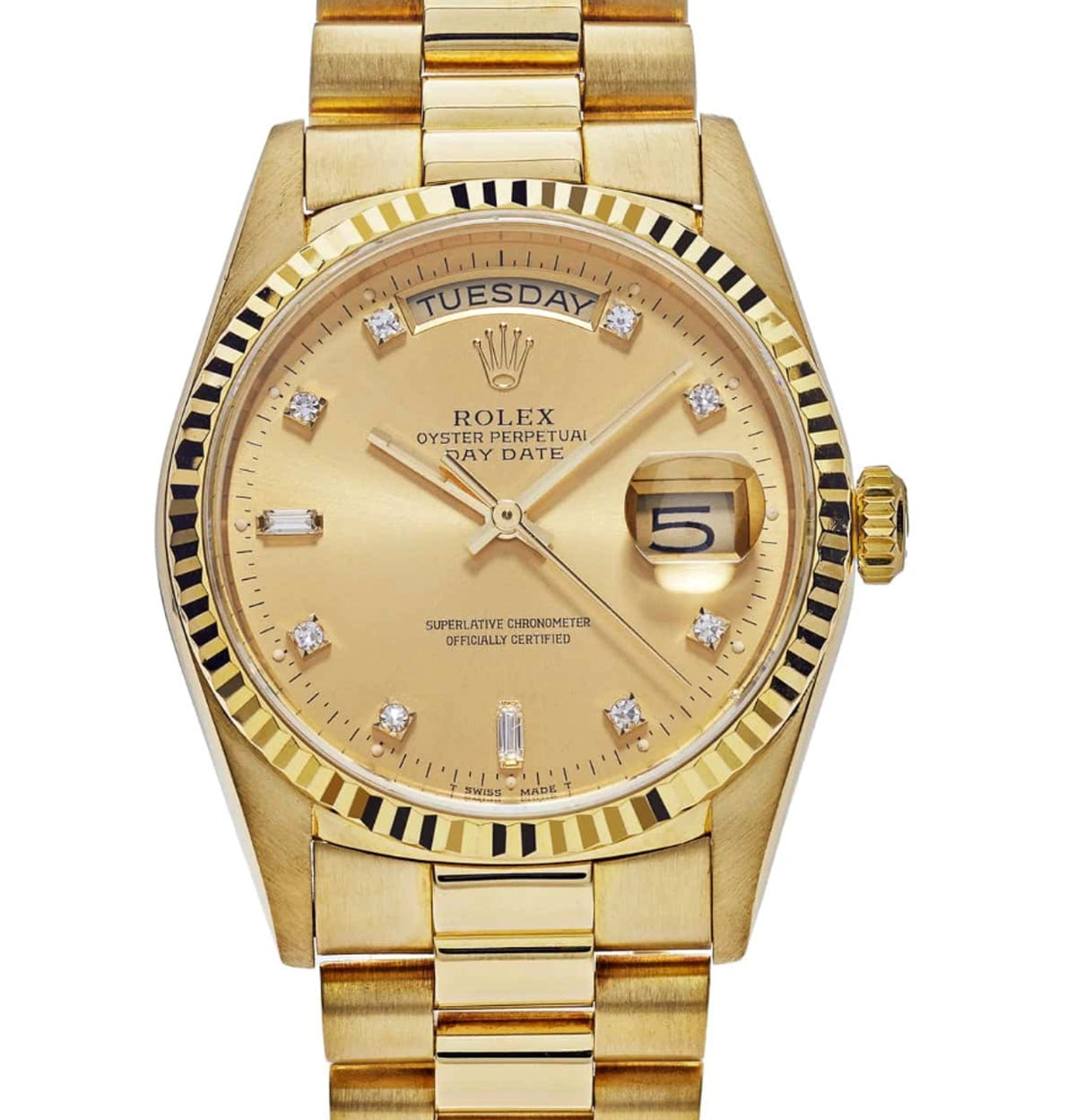 Rolex Day Date 36 Champagne Diamond Dial on President 18238 Complete Open Date