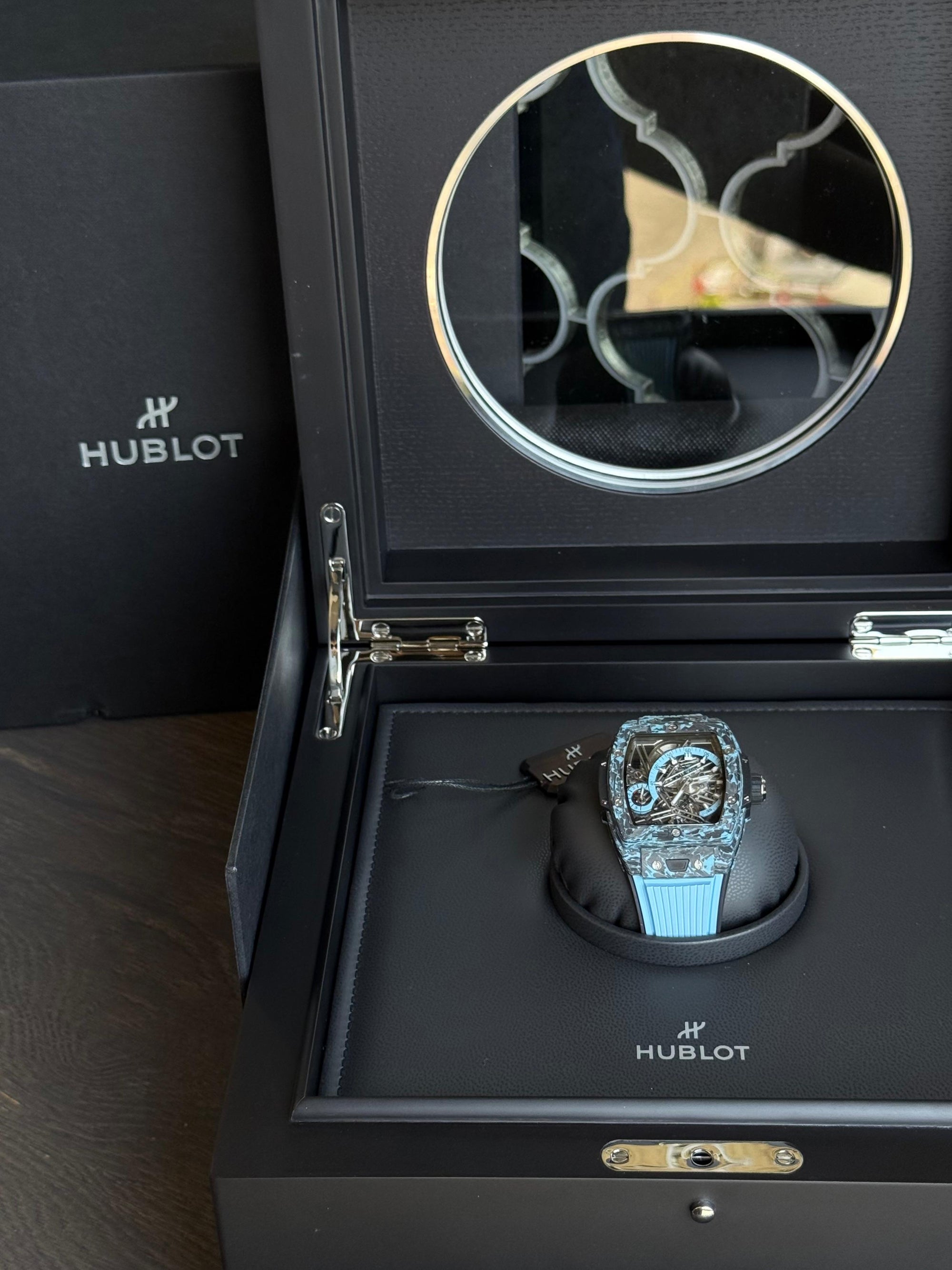 Hublot Shaped Spirit of Big Bang Tourbillon Carbon Sky Blue Dial on Rubber 645.QL.5117.RX Complete 2025