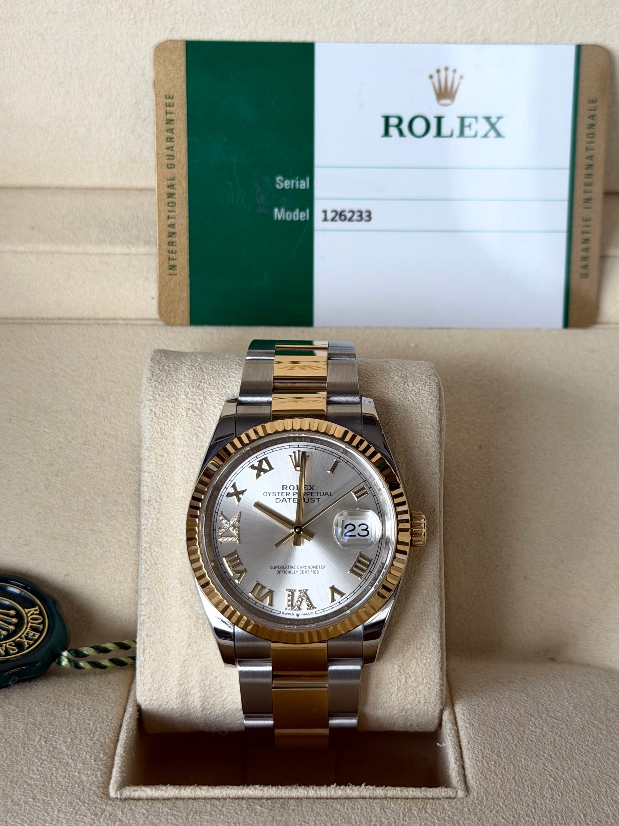 Rolex Datejust Silver Roman VI/IX Diamond Dial on Oyster 126233 Card 2020