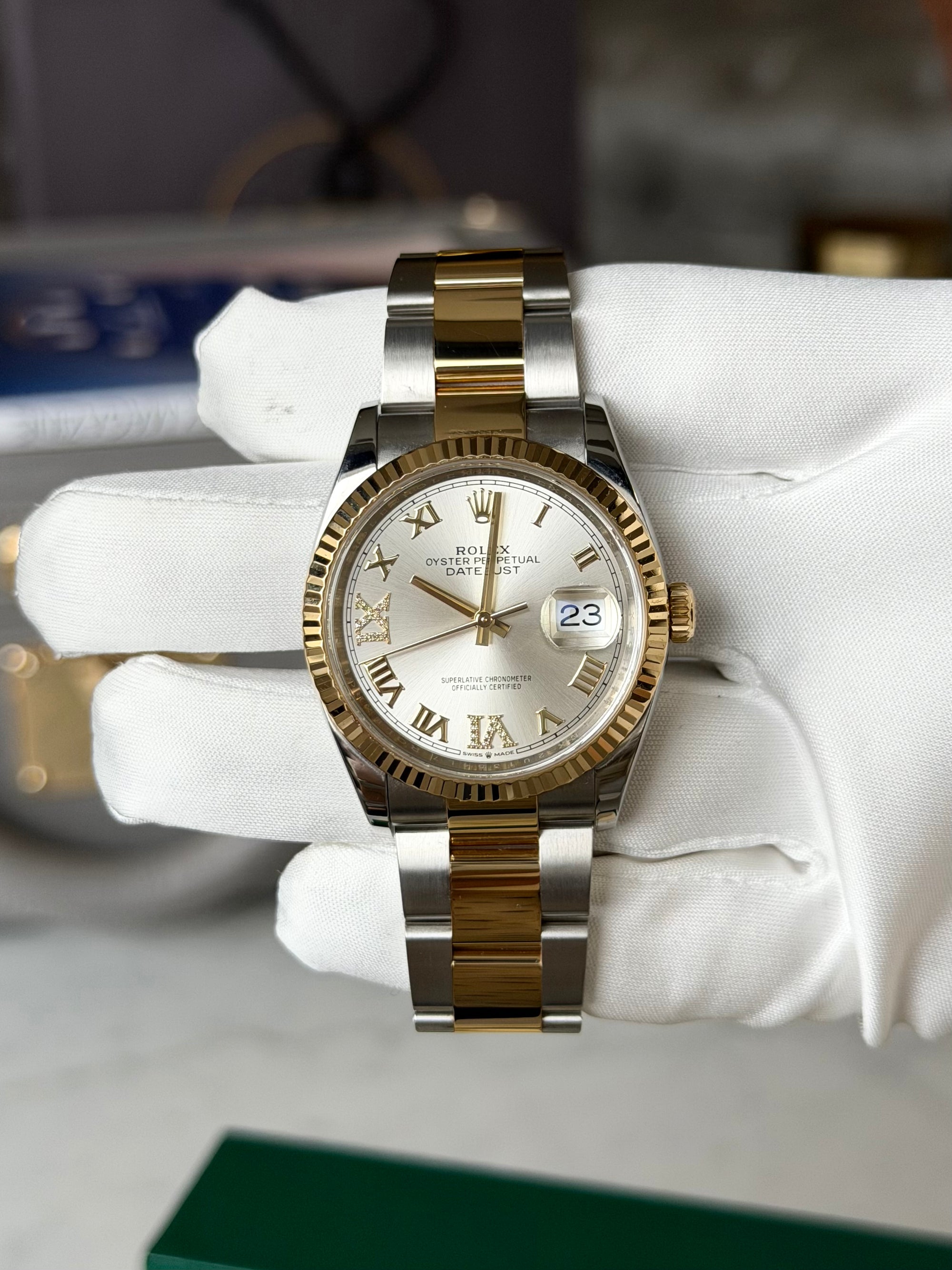 Rolex Datejust Silver Roman VI/IX Diamond Dial on Oyster 126233 Card 2020