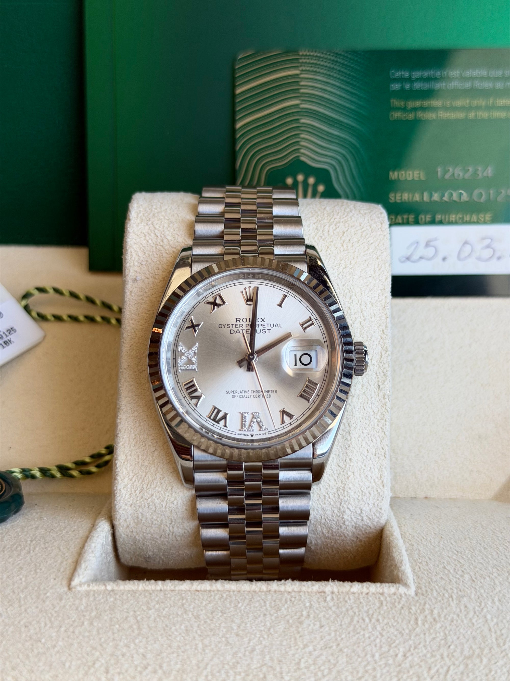 Rolex Datejust 36 Silver Diamond Roman Vi And Ix Dial on Jubilee 126234 Card 2024
