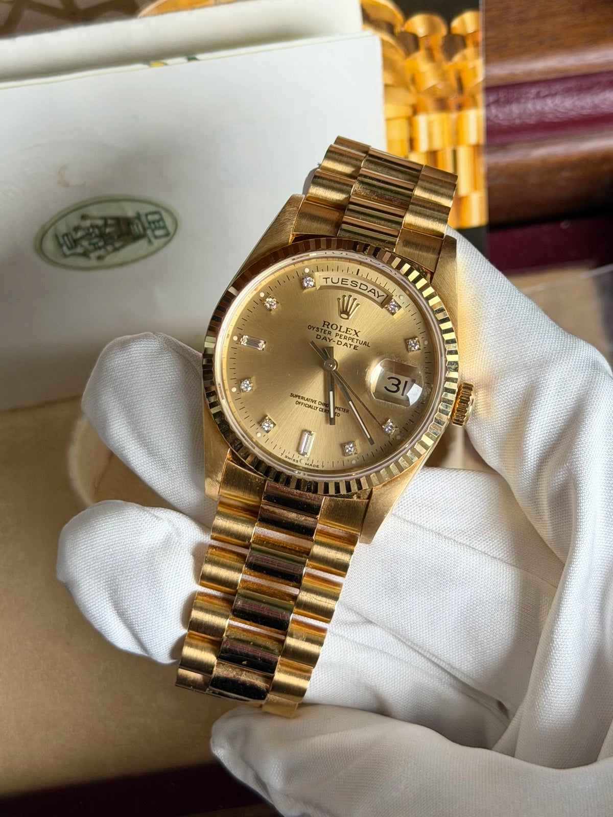 Rolex Day Date 36 Champagne Diamond Dial on President 18238 Complete Open Date