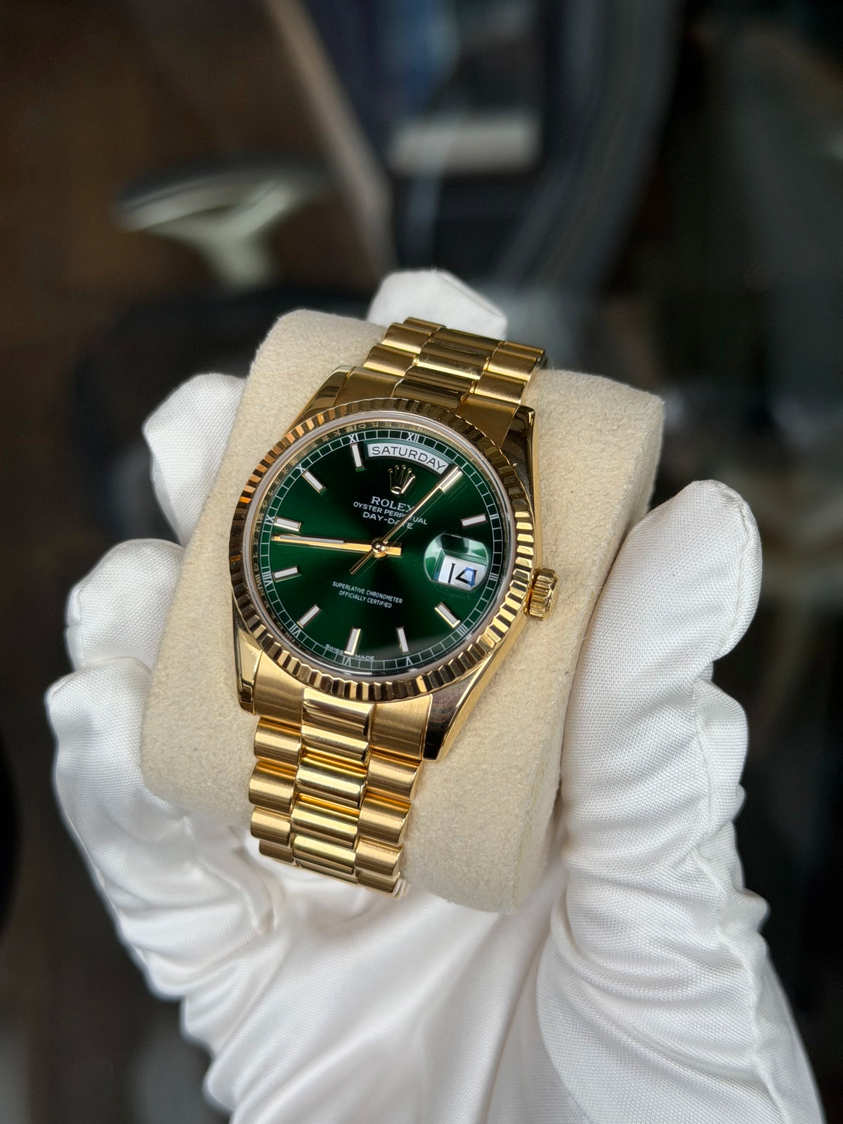 Rolex Day-Date 36 Green Index Dial on President 118238 Card 2010