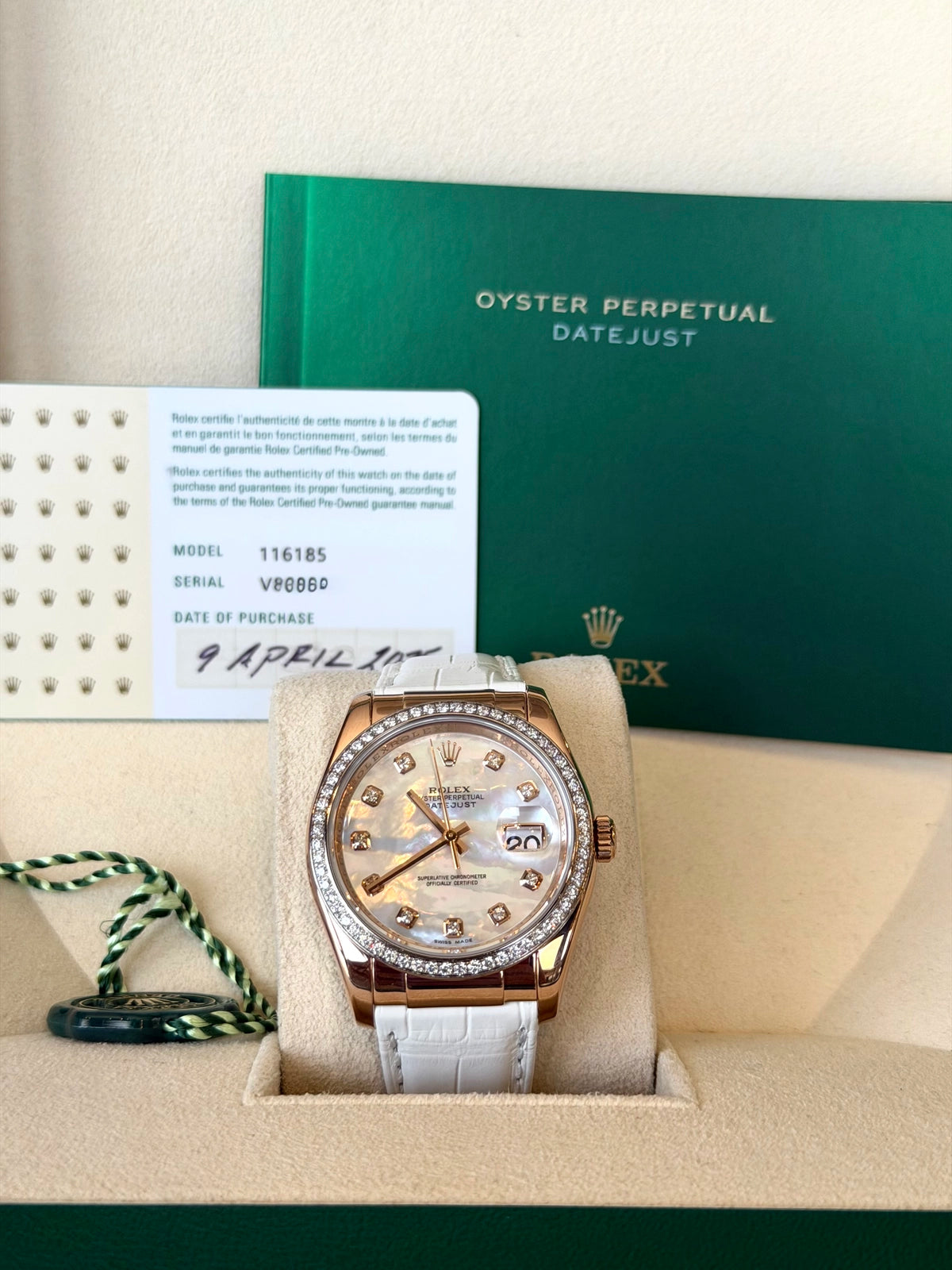 Rolex Datejust 36 Mother of Pearl Diamond Dial on White Leather Strap 116185 Certified Pre Owned Card 2025