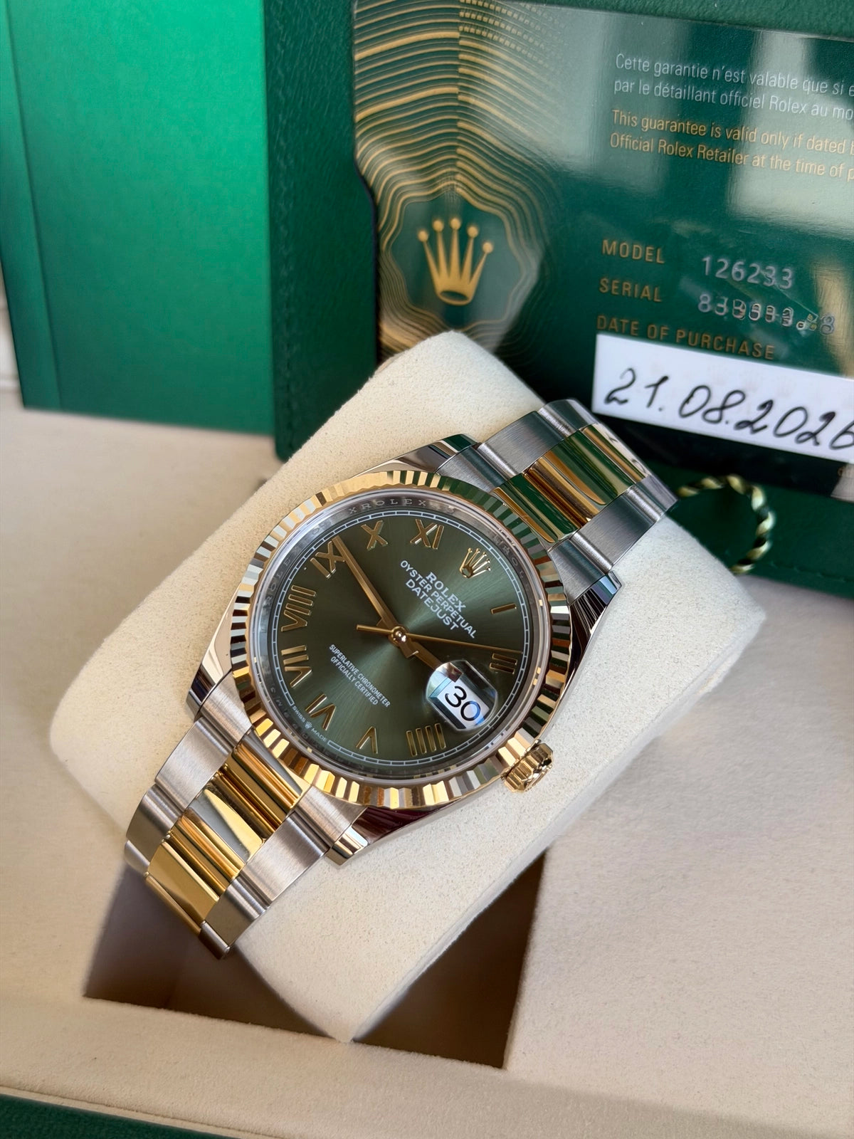 Rolex Datejust 36 Olive Green Roman Dial on Oyster 126233 Complete 2026