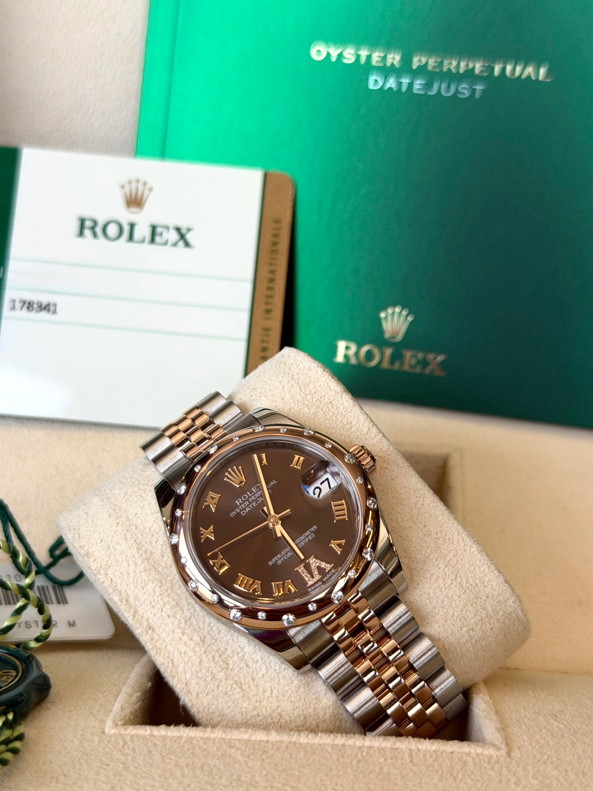 Rolex Datejust 31 Chocolate Roman Diamond Dial on Jubilee 178341 Card 2018