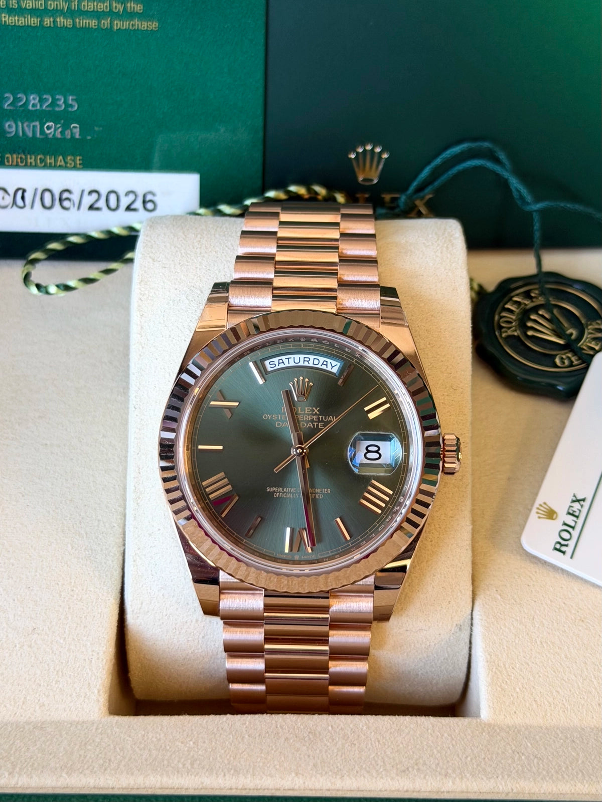 Rolex Day-Date 40 Olive Green Roman Dial on President 228235 Complete 2026