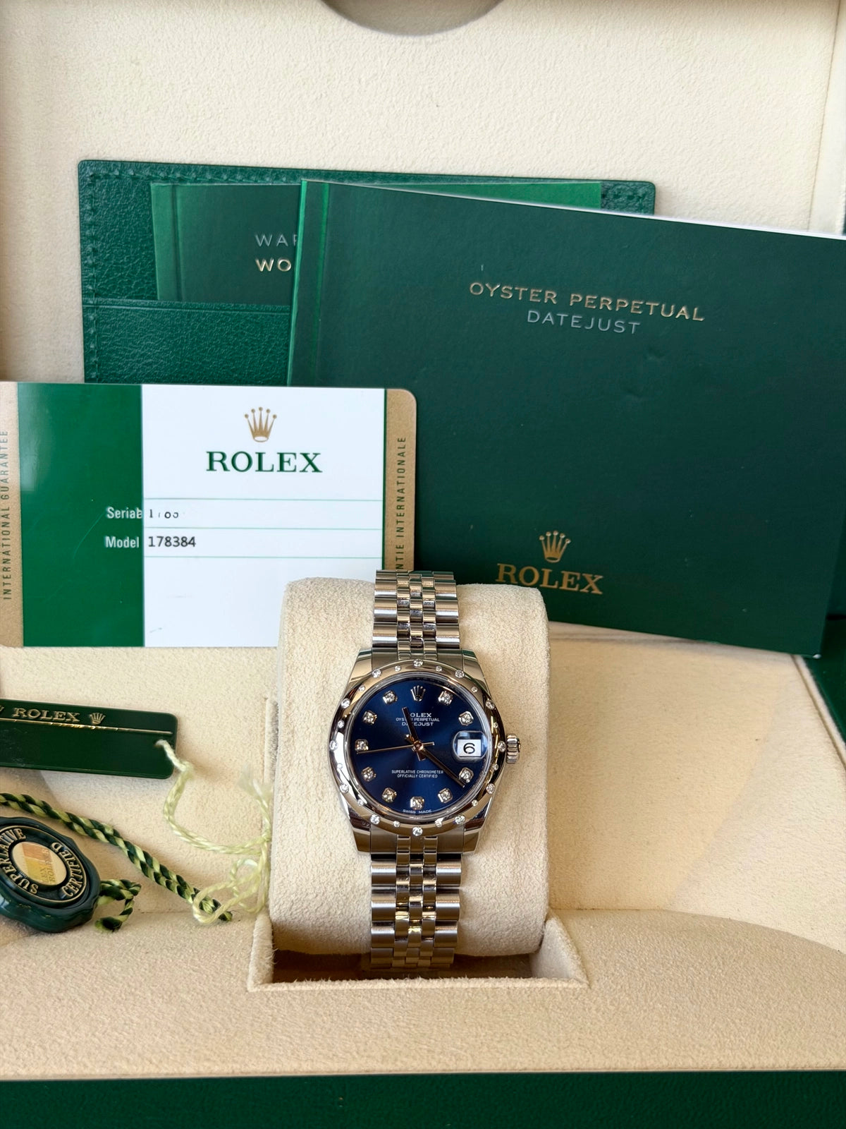 Rolex Datejust 31 Blue Diamond Dial on Jubilee 178344 Card 2016