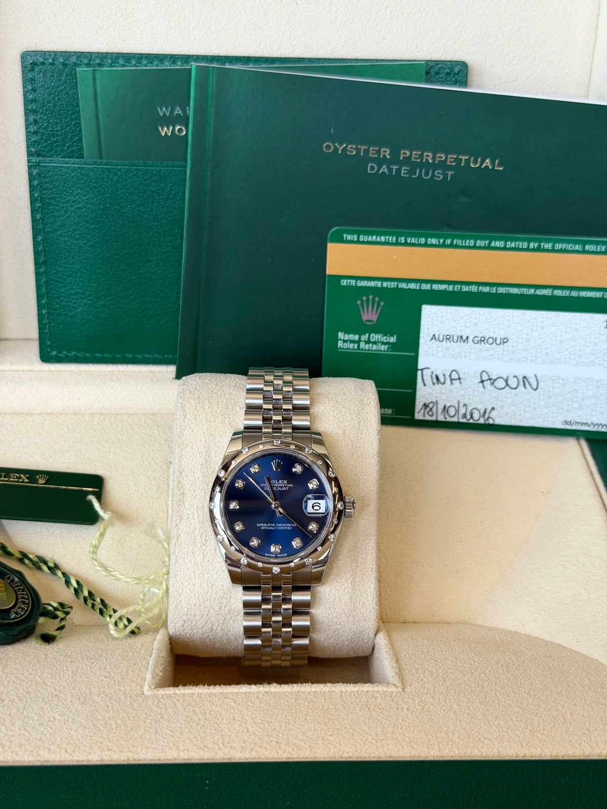 Rolex Datejust 31 Blue Diamond Dial on Jubilee 178344 Card 2016