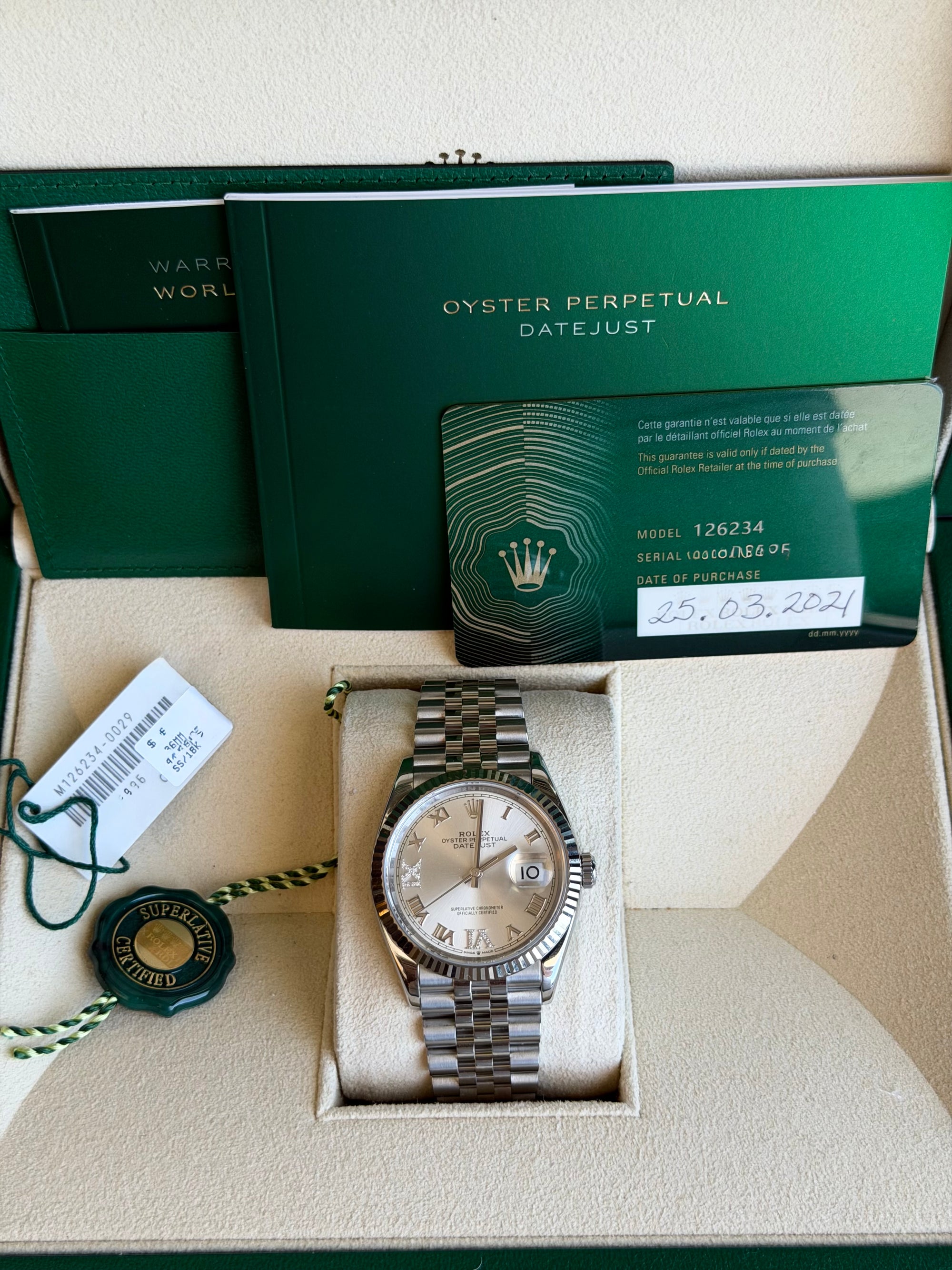 Rolex Datejust 36 Silver Diamond Roman Vi And Ix Dial on Jubilee 126234 Card 2024