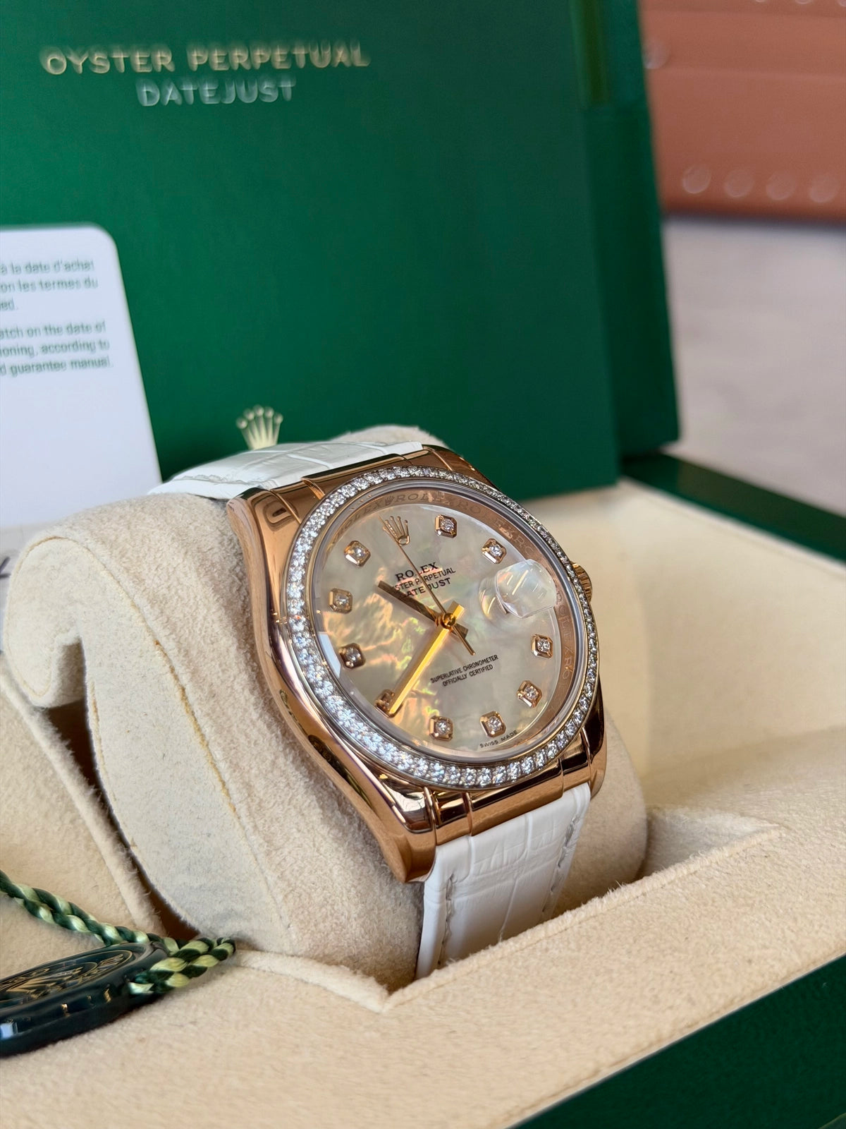Rolex Datejust 36 Mother of Pearl Diamond Dial on White Leather Strap 116185 Certified Pre Owned Card 2025